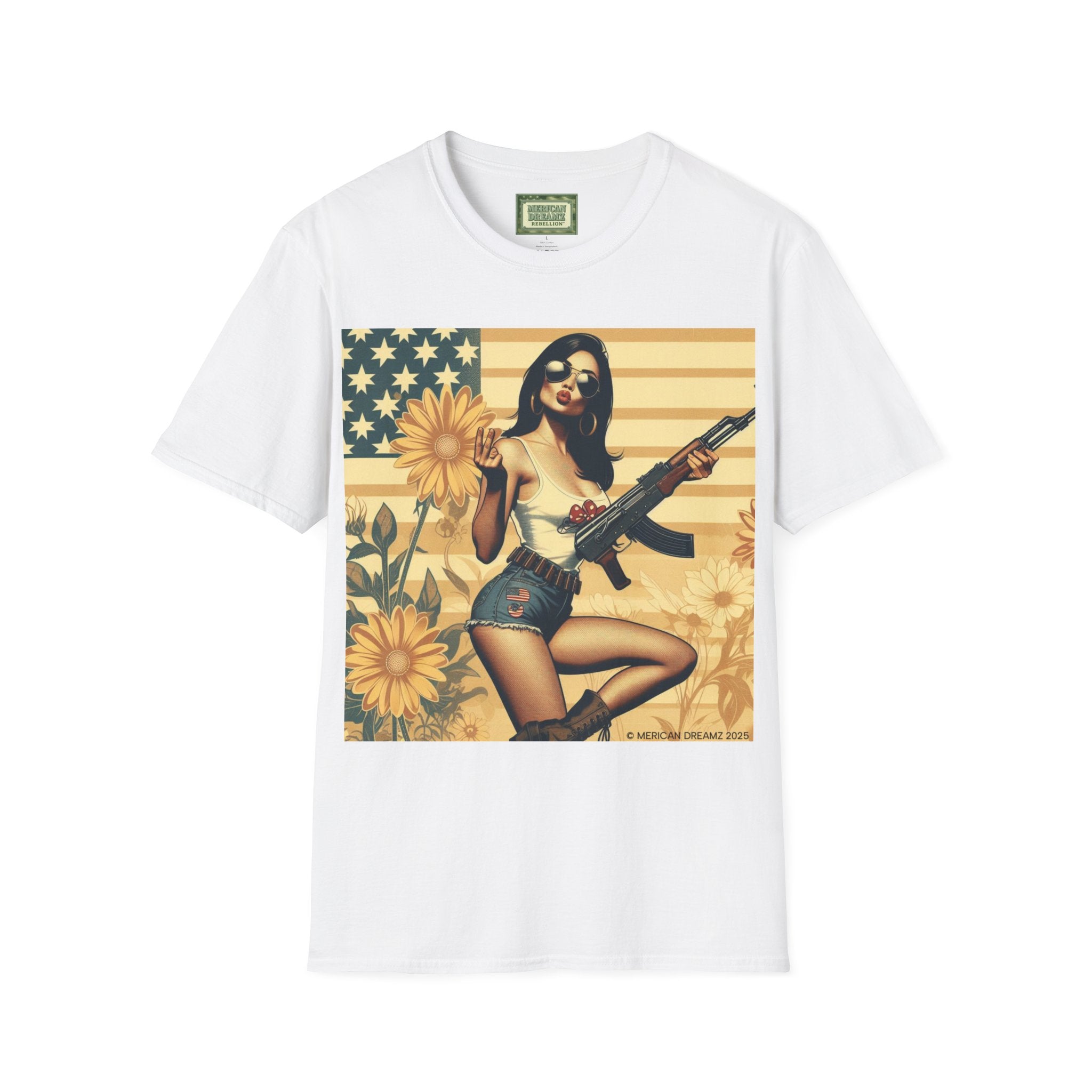 Graphic T-Shirt — Patriotic Pinup Girl with Rifle Vintage Flag Design (US Only)