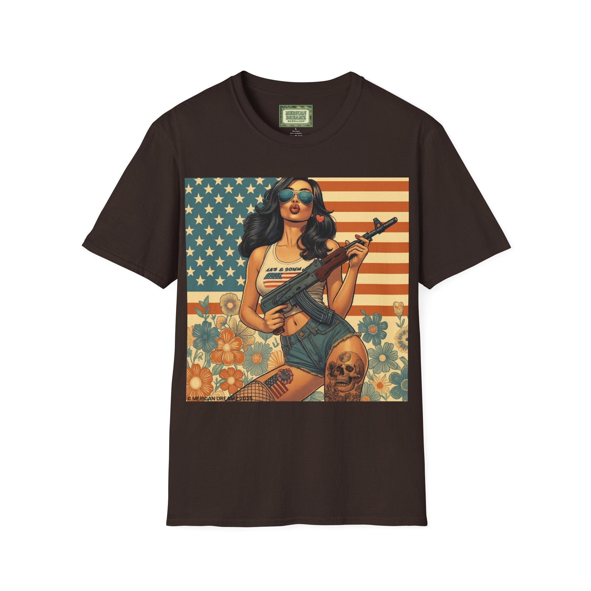Graphic T-Shirt — Patriotic Pinup Girl with Rifle Vintage Flag Design (US Only)