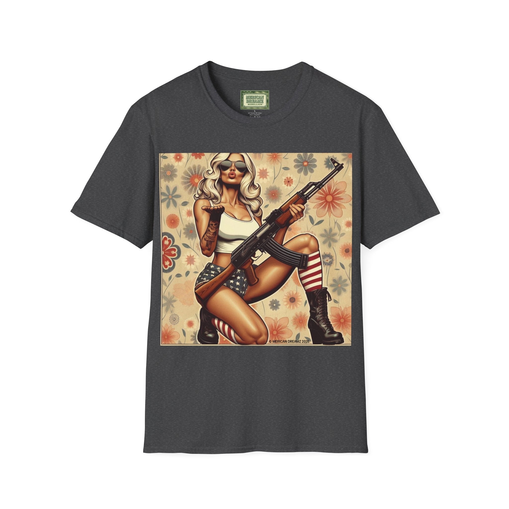 Graphic T-Shirt — Patriotic Pinup Girl with Rifle Vintage Flag Design (US Only)