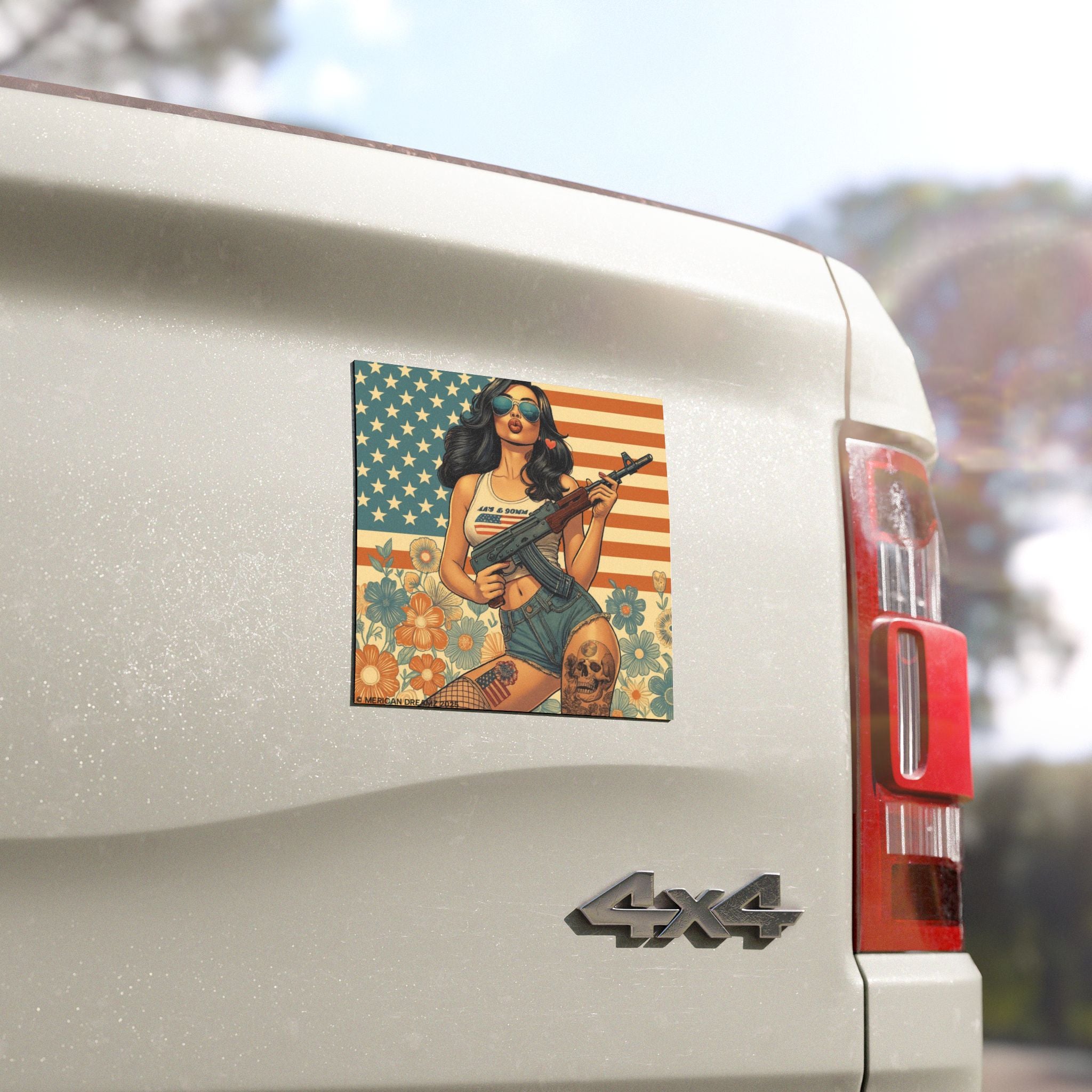 Car Magnet Patriotic Americana Cowgirl with Rifle | Square American Flag Vintage Floral