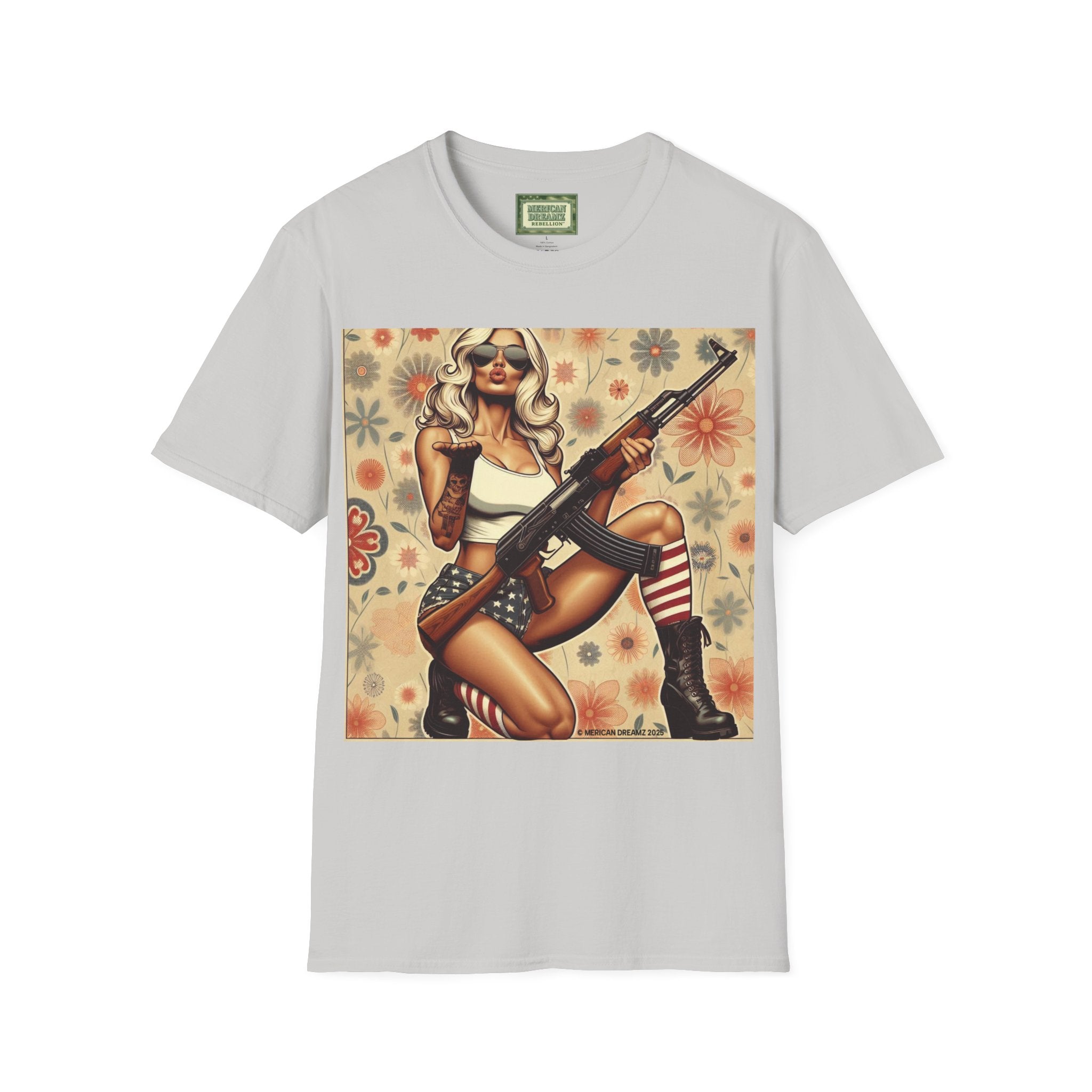 Graphic T-Shirt — Patriotic Pinup Girl with Rifle Vintage Flag Design (US Only)