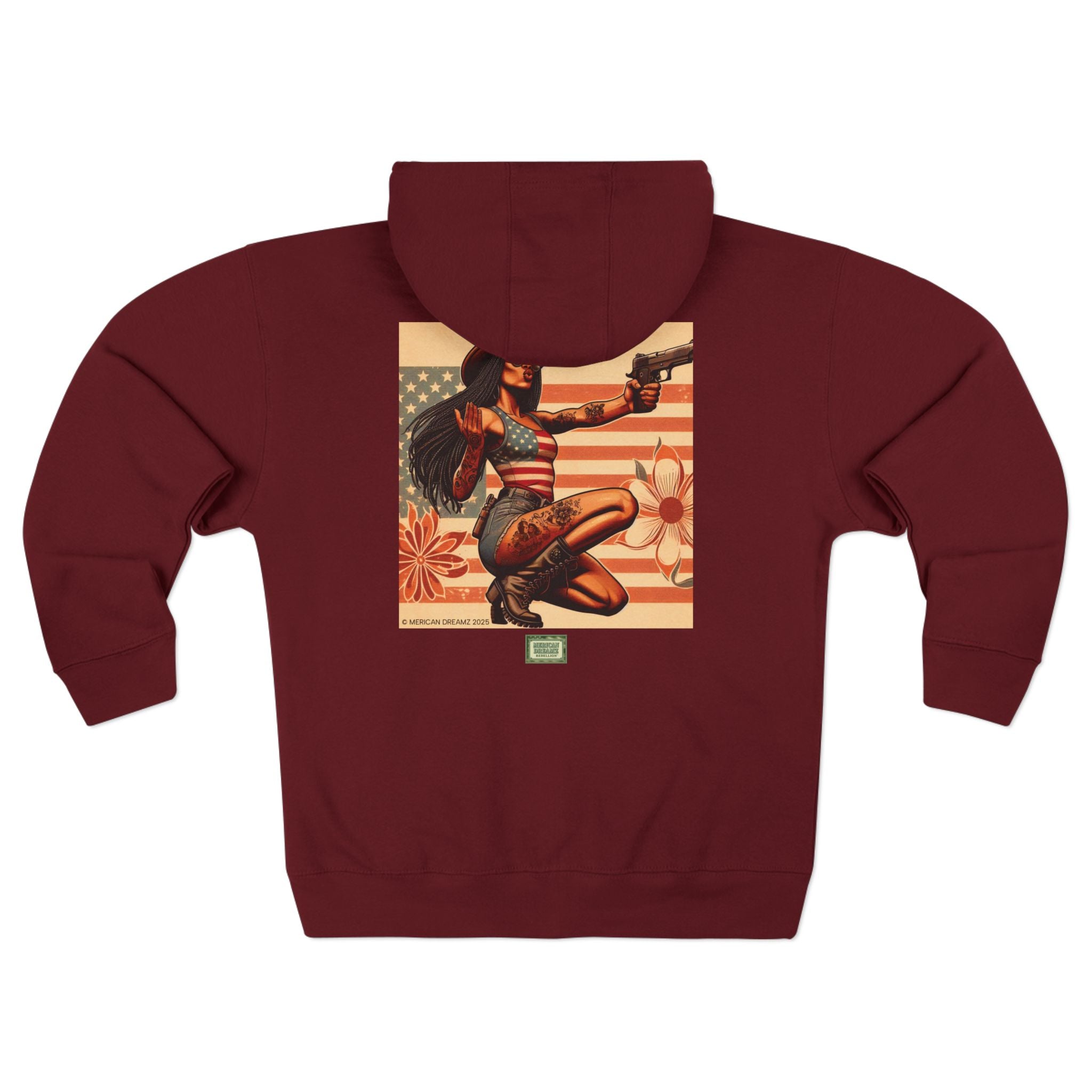 Americana Pinup Cowgirl with 9mm Zip Hoodie — Retro Vintage Patriotic Graphic