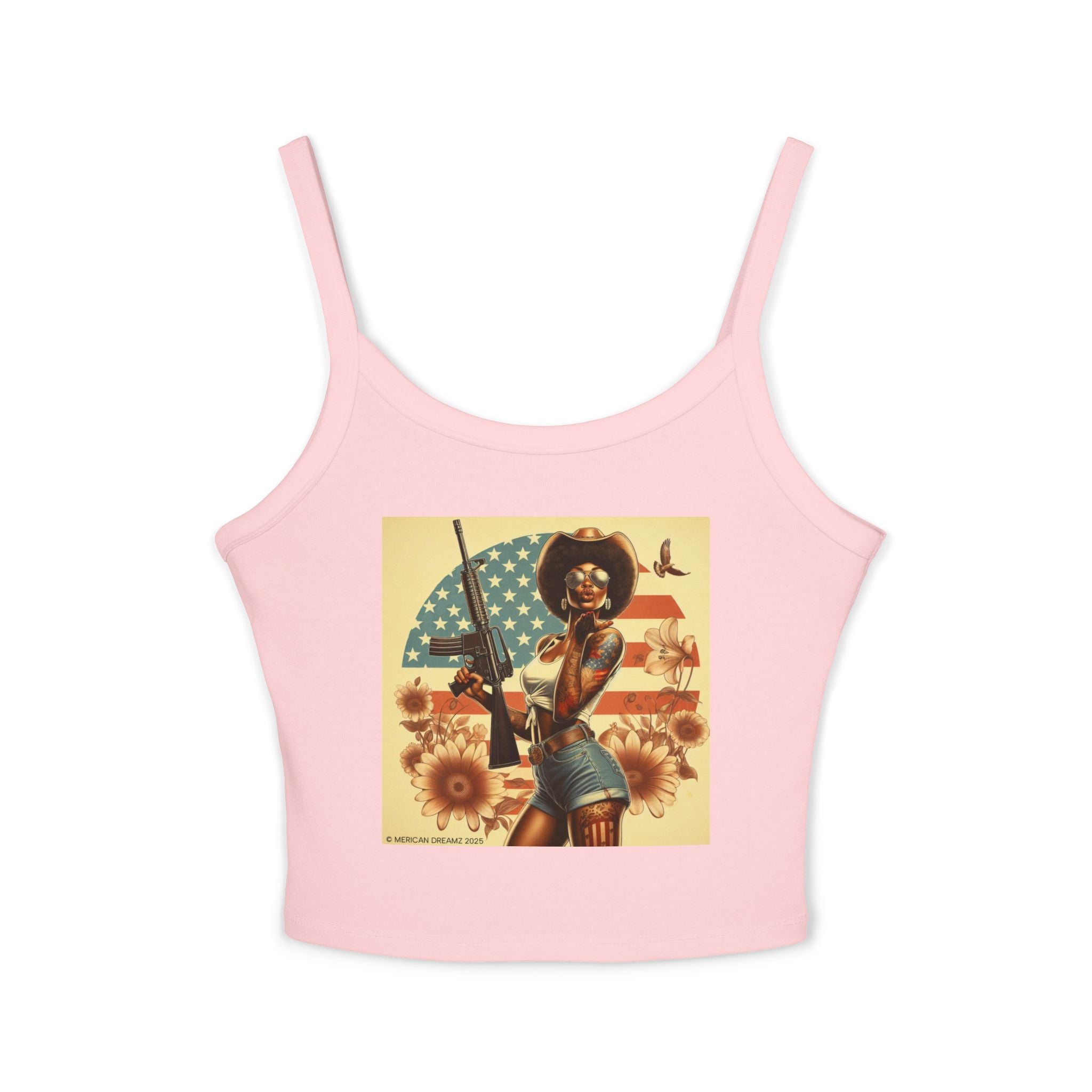 Retro Pinup Girl Tank Top — Vintage Flag & Floral Spaghetti Strap