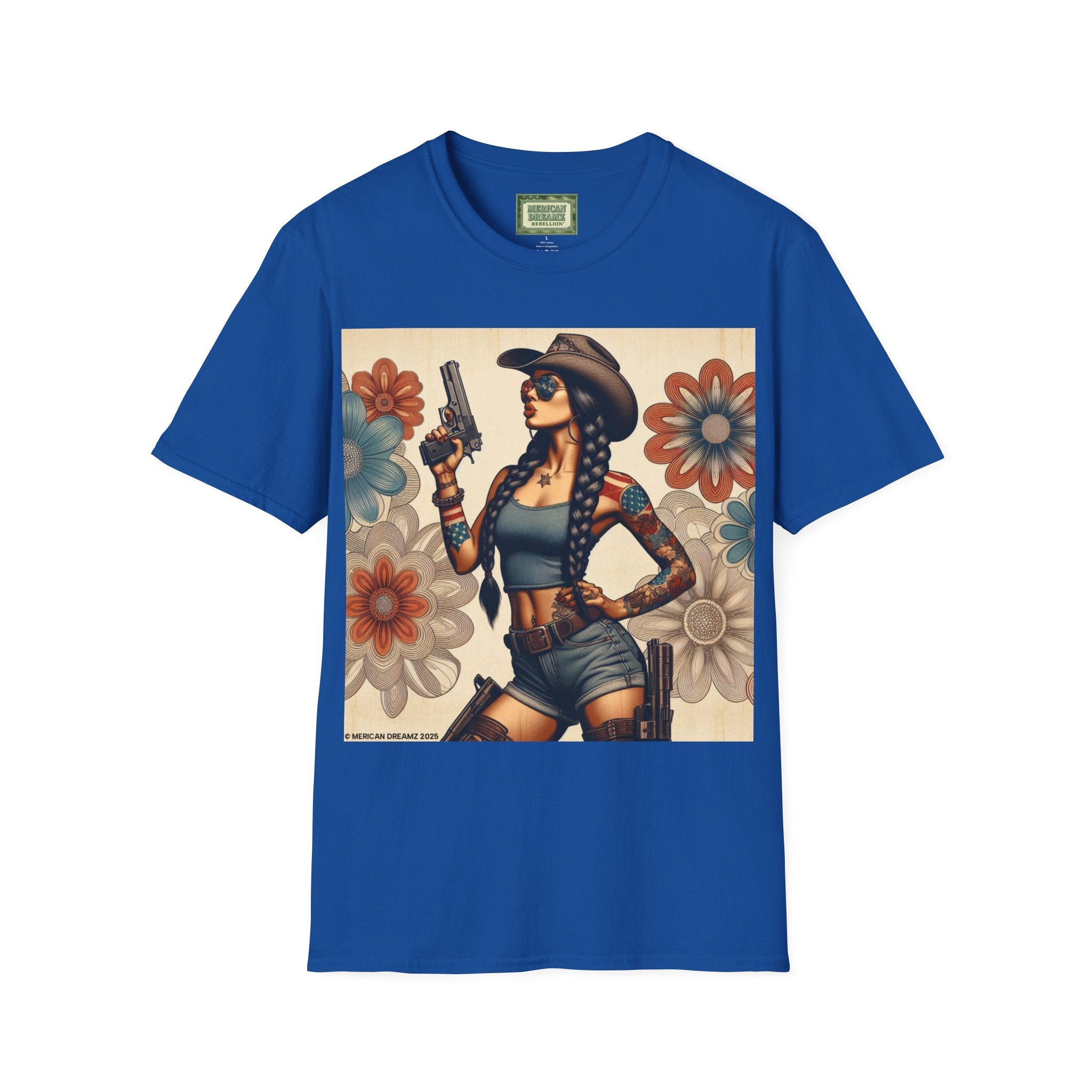 Pin-Up Americana T-Shirt — Retro Floral Gun Cowgirl Vintage Style (US Only)