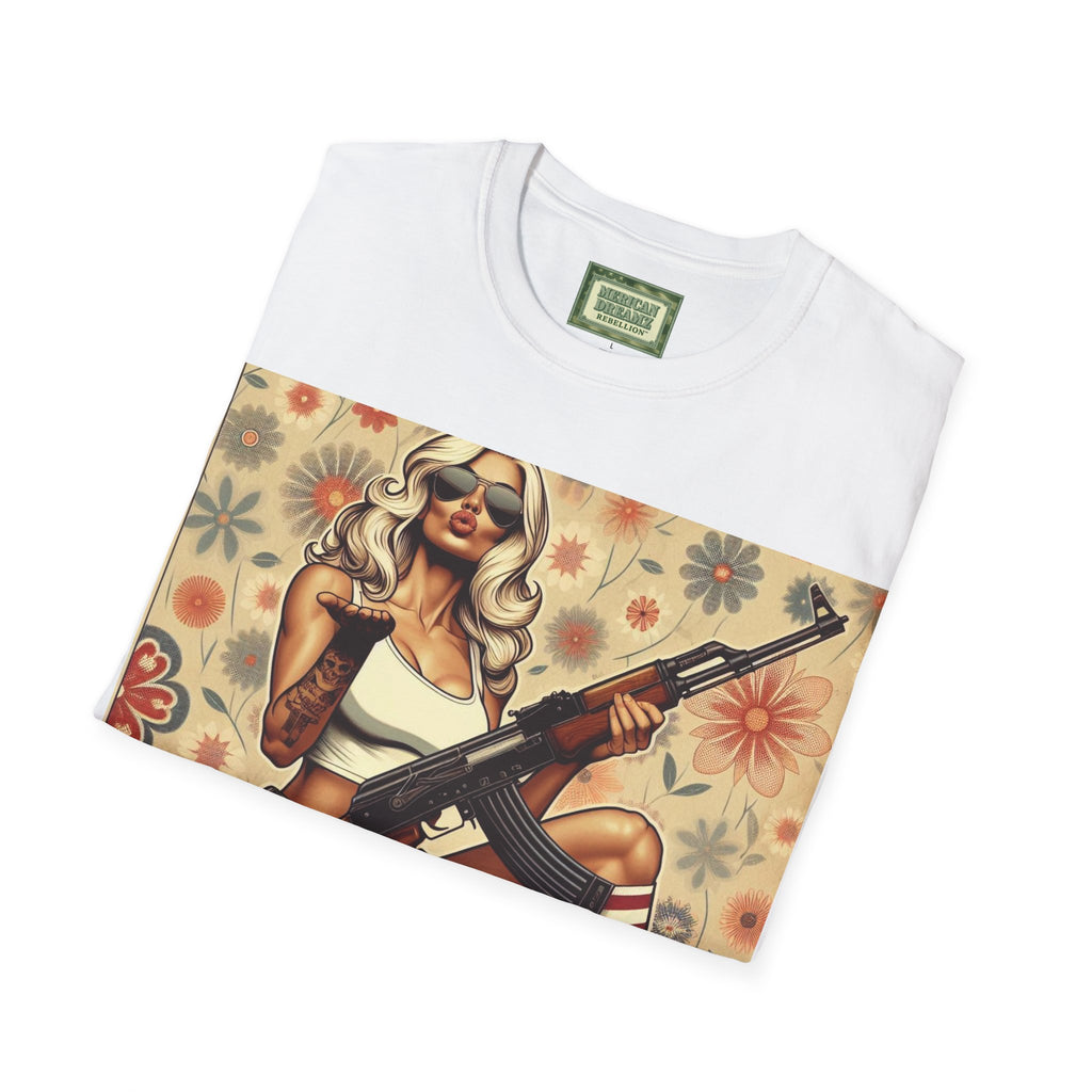 Graphic T-Shirt — Patriotic Pinup Girl with Rifle Vintage Flag Design (US Only)