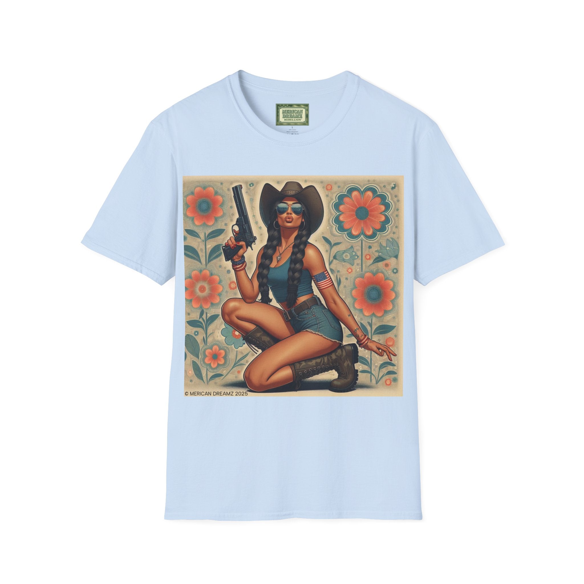 Pin-Up Americana T-Shirt — Retro Floral Gun Cowgirl Vintage Style (US Only)