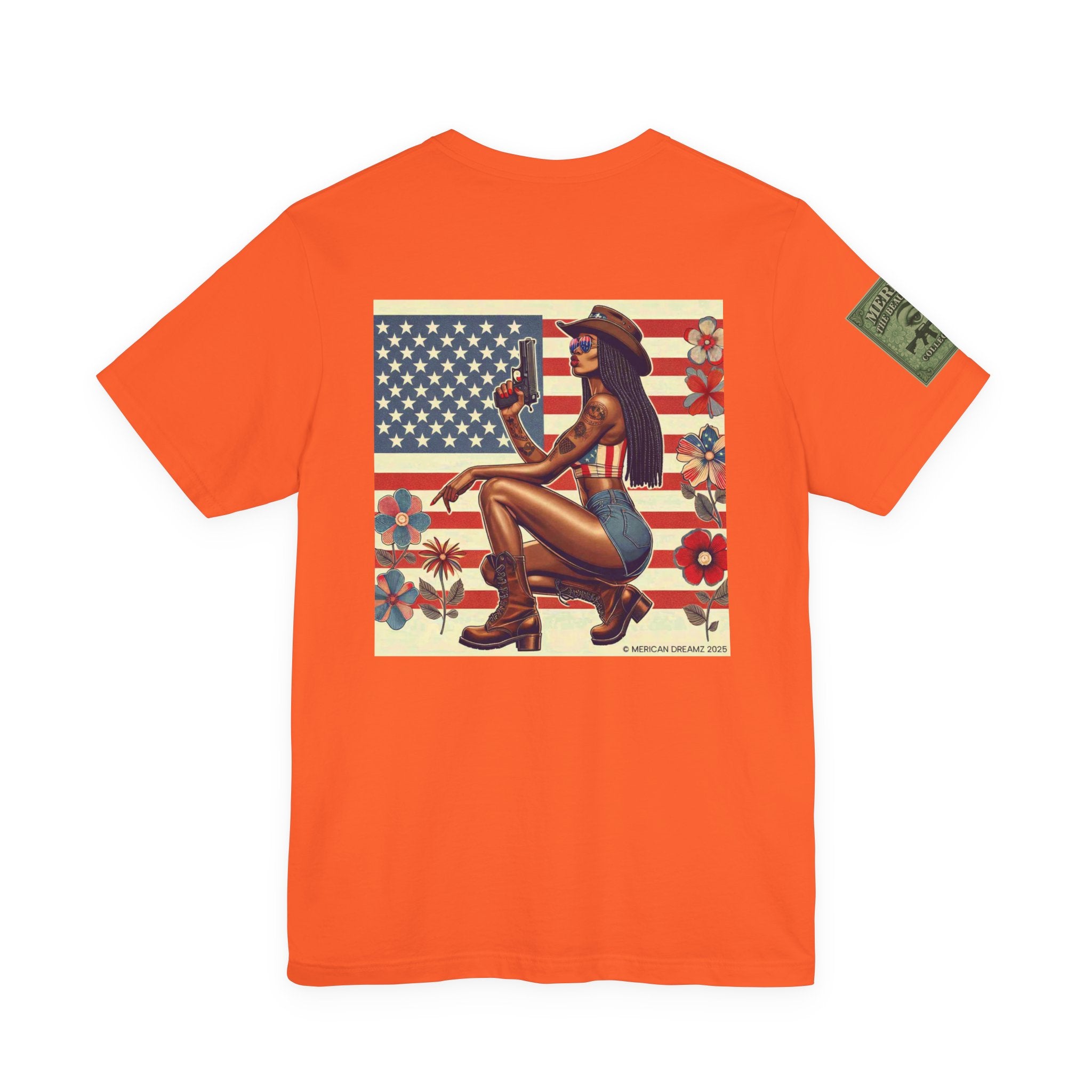 Graphic Short Sleeve Tee front and back — Retro Americana Pin-Up Cowgirls with 9mm Pistols