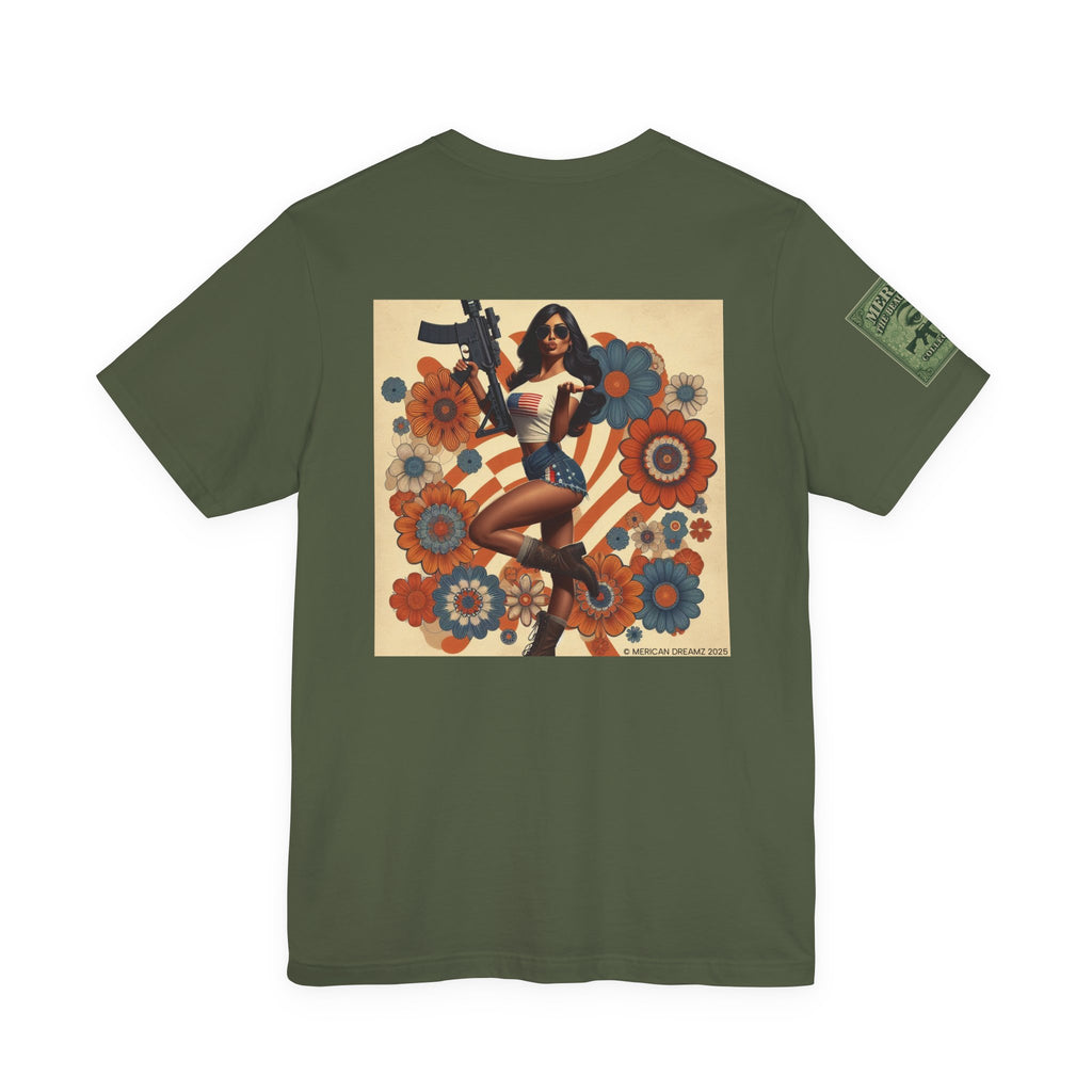 Graphic Short Sleeve Tee front and back — Retro Americana Pin-Up Girls with AR-15 Rifles