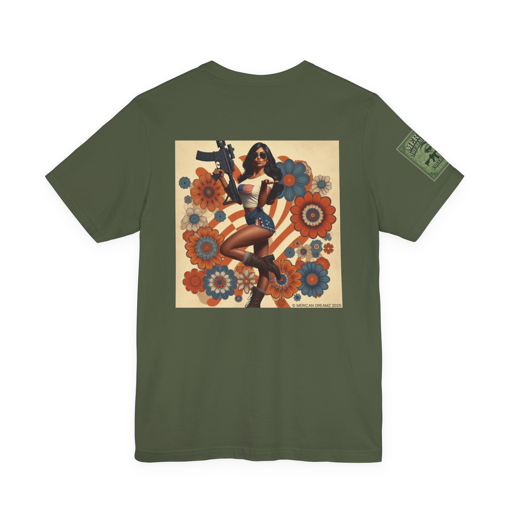 Graphic Short Sleeve Tee front and back — Retro Americana Pin-Up Girls with AR-15 Rifles