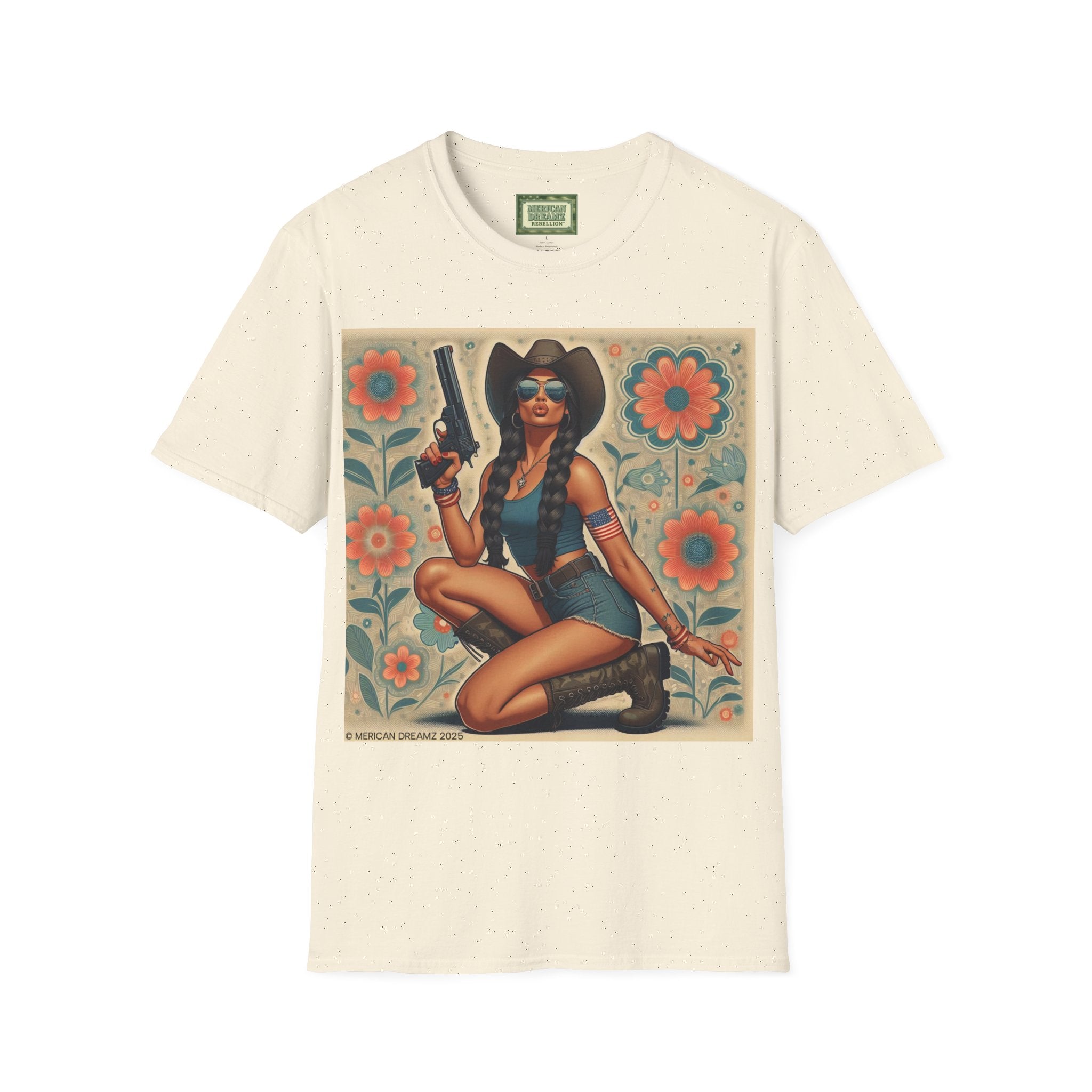 Pin-Up Americana T-Shirt — Retro Floral Gun Cowgirl Vintage Style (US Only)