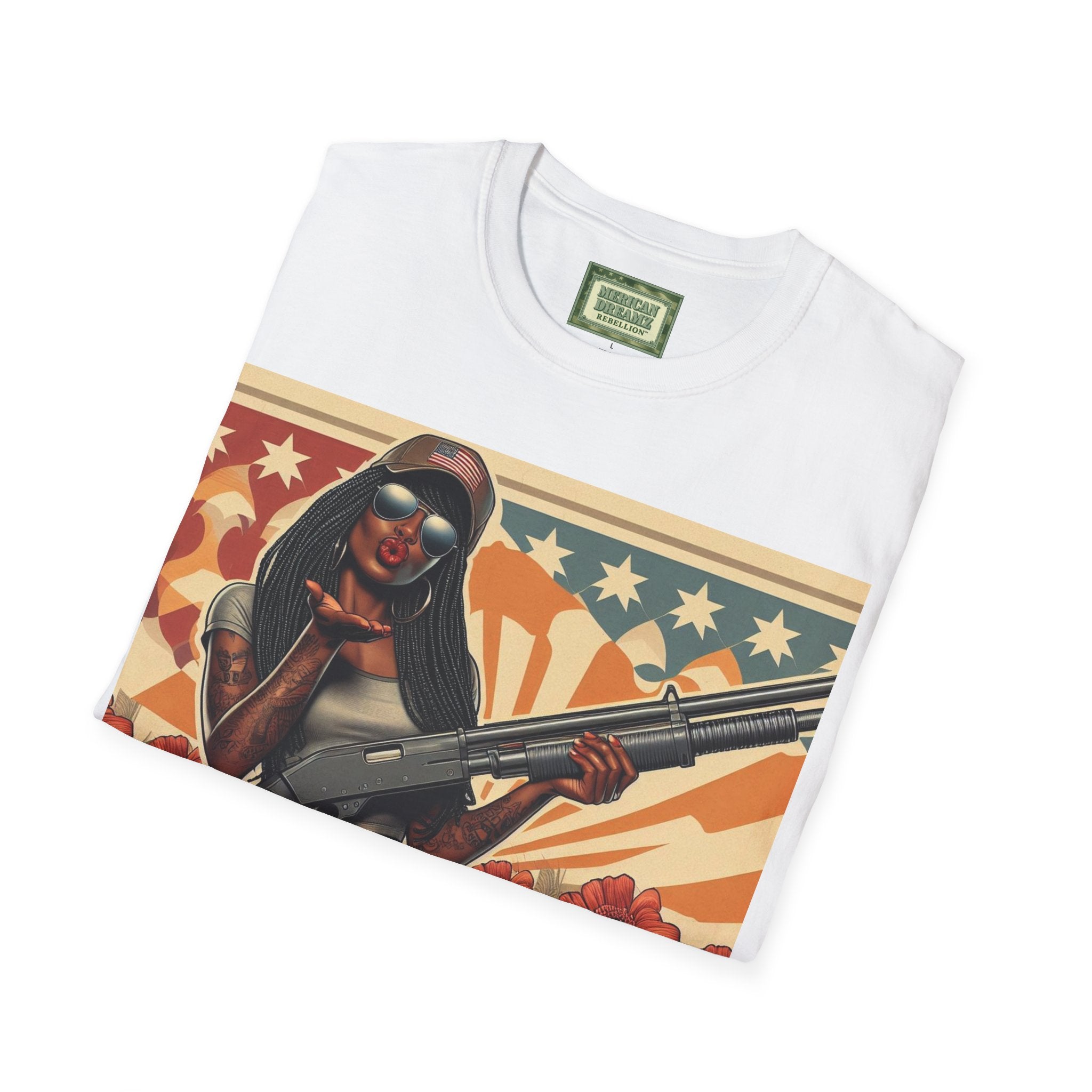 Graphic T-Shirt — Patriotic Pinup Girl with Shotgun Vintage Flag Design (US Only)