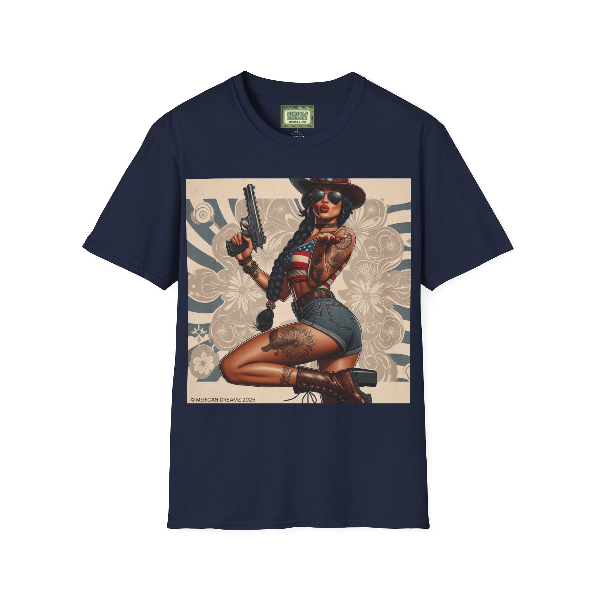Pin-Up Americana T-Shirt — Retro Floral Gun Cowgirl Vintage Style (US Only)