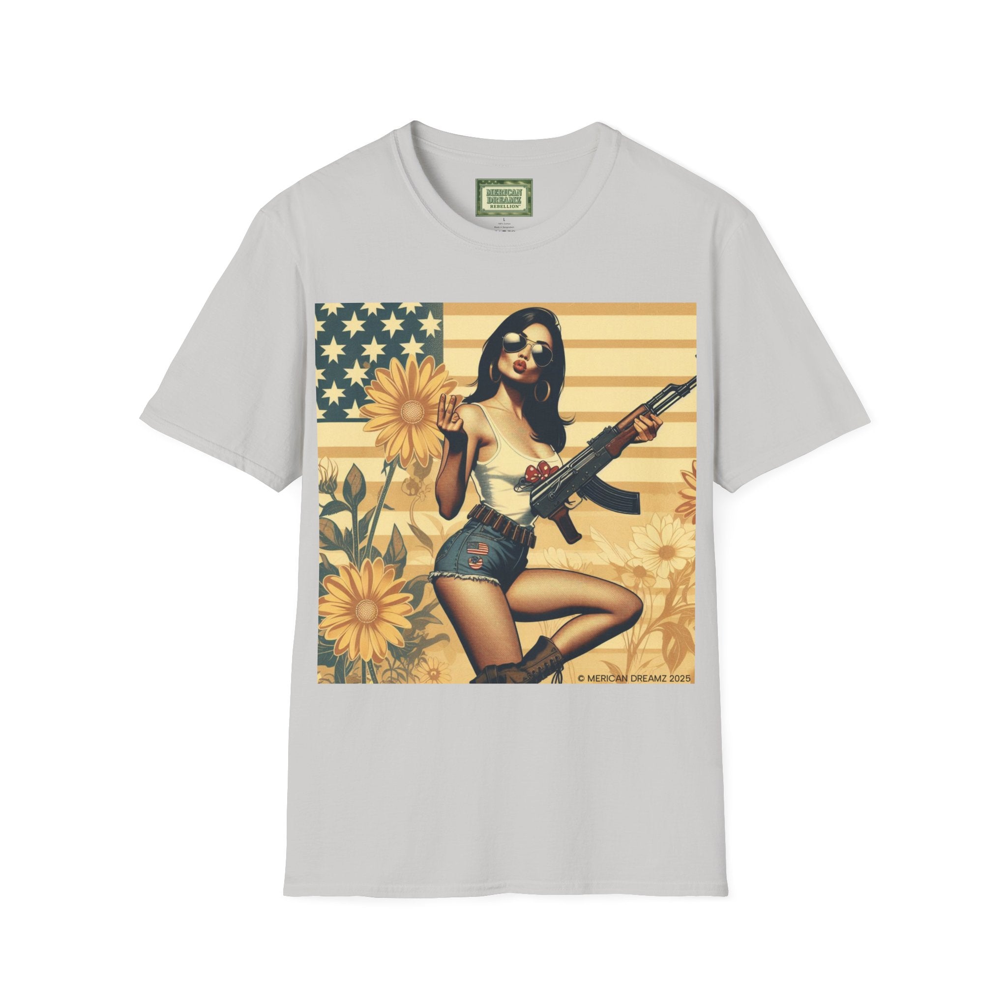 Graphic T-Shirt — Patriotic Pinup Girl with Rifle Vintage Flag Design (US Only)