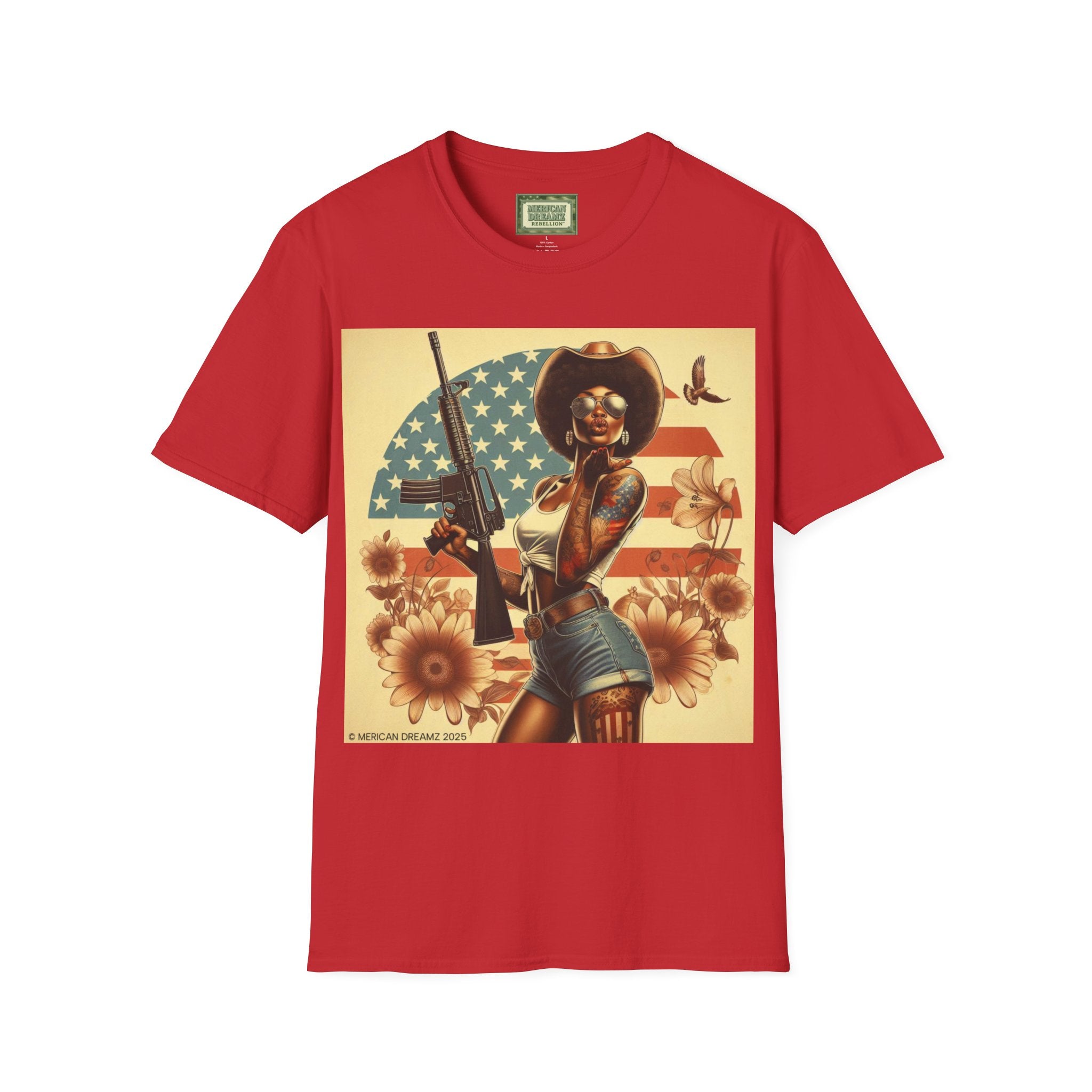Pin-Up Americana T-Shirt — Retro Floral Gun Cowgirl Vintage Style (US Only)