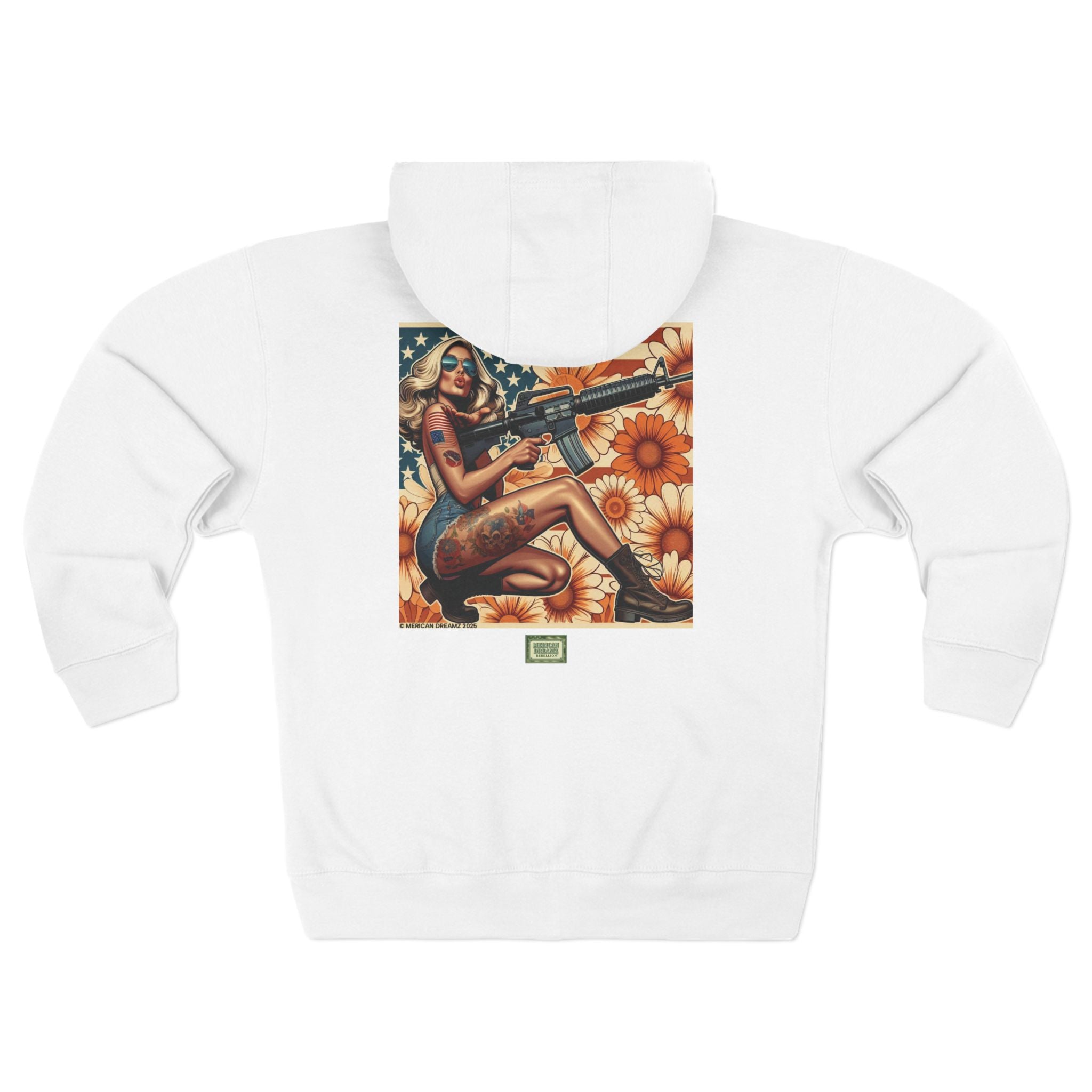 Americana Pinup Cowgirl with AR-15 Zip Hoodie — Retro Vintage Patriotic Graphic