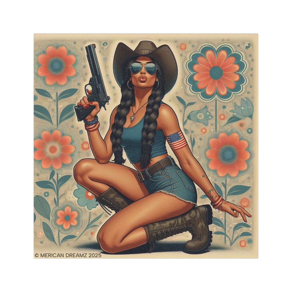 Car Magnet Patriotic Americana Cowgirl with Pistol | Square American Flag Vintage Floral