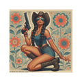 Car Magnet Patriotic Americana Cowgirl with Pistol | Square American Flag Vintage Floral