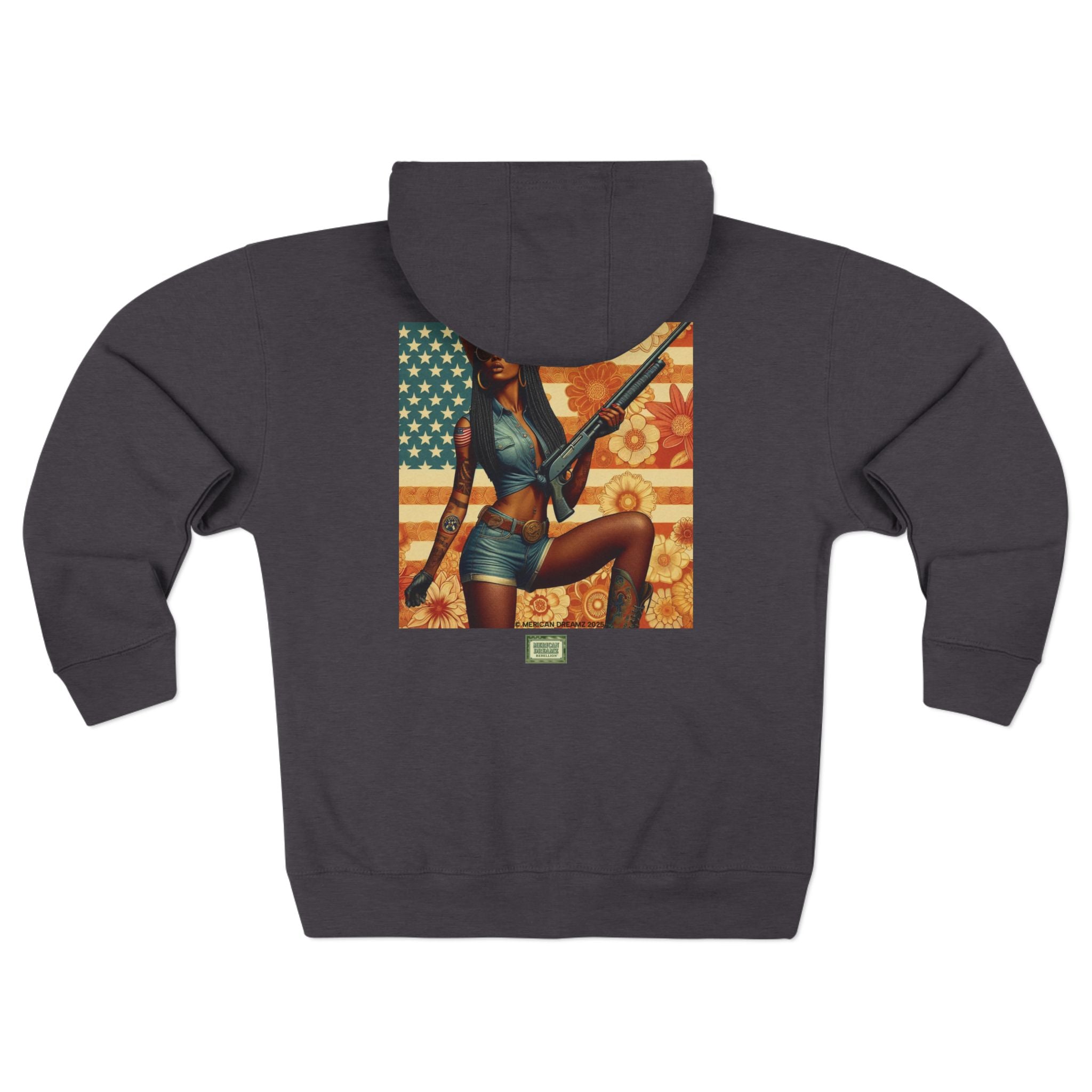 Americana Pinup Cowgirl with Shotgun Zip Hoodie — Retro Vintage Patriotic Graphic