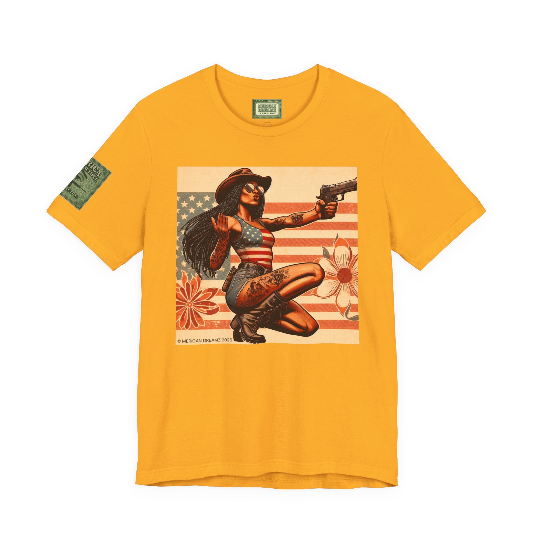 Graphic Short Sleeve Tee front and back — Retro Americana Pin-Up Cowgirls with 9mm Pistols