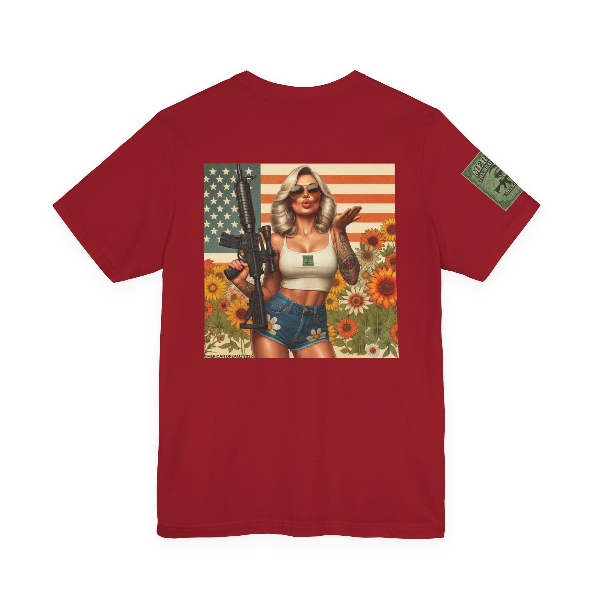 Graphic Short Sleeve Tee front and back — Retro Americana Pin-Up Girls with AR-15 Rifles