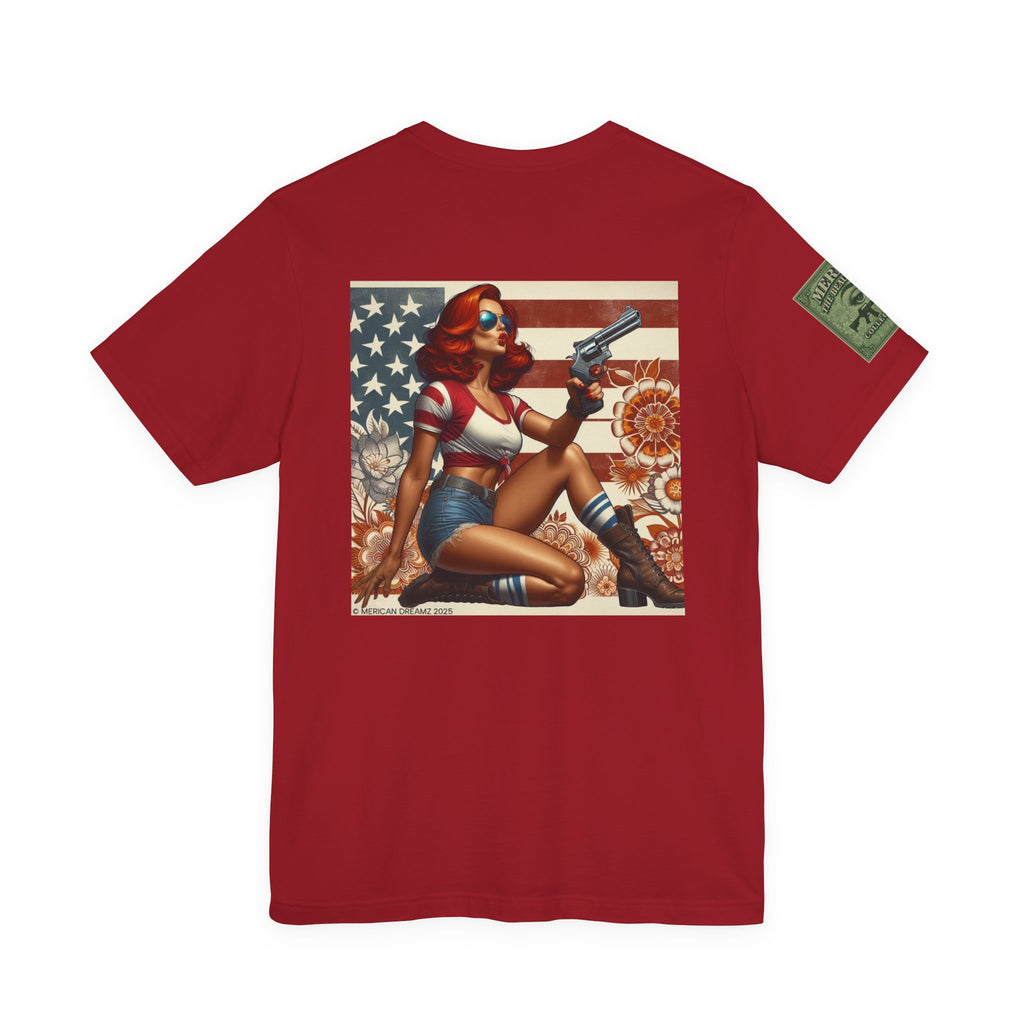 Graphic Short Sleeve Tee front and back — Retro Americana Pin-Up Cowgirls with .44 Magnum Revolvers