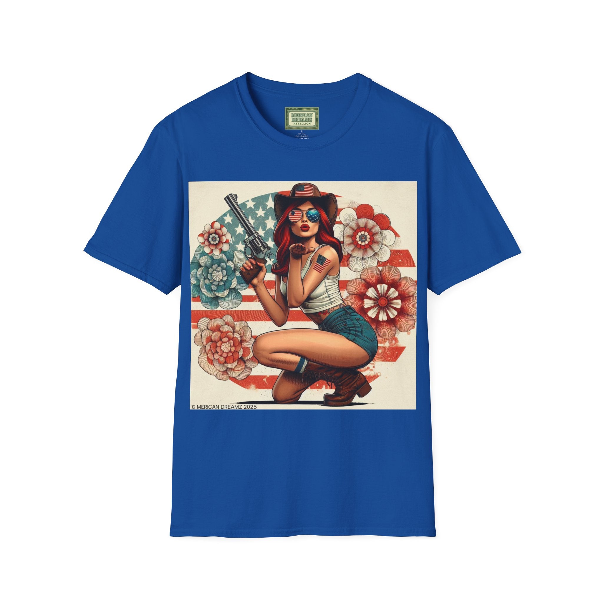 Pin-Up Americana T-Shirt — Retro Floral Gun Cowgirl Vintage Style (US Only)