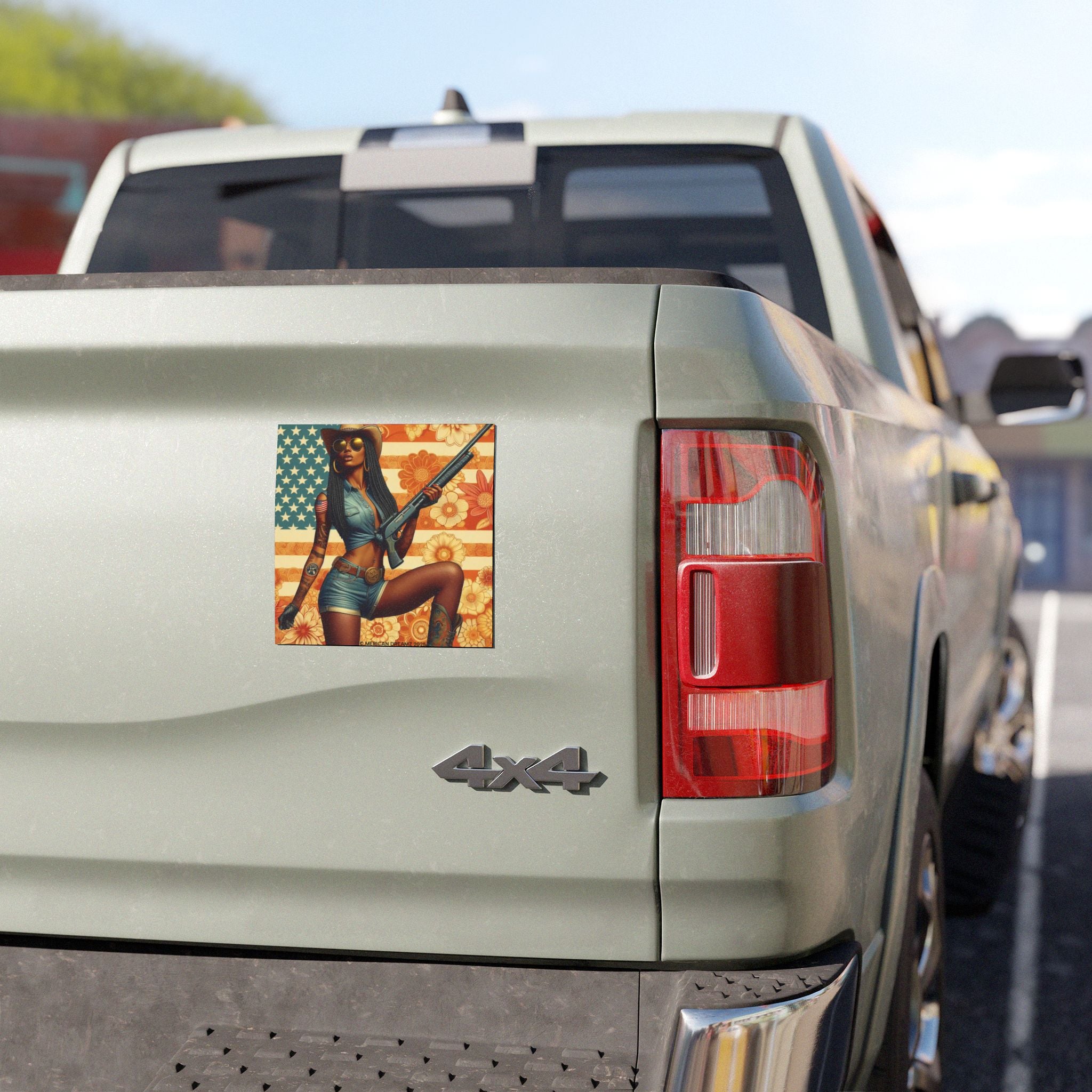 Car Magnet Patriotic Americana Cowgirl with Shotgun | Square American Flag Vintage Floral