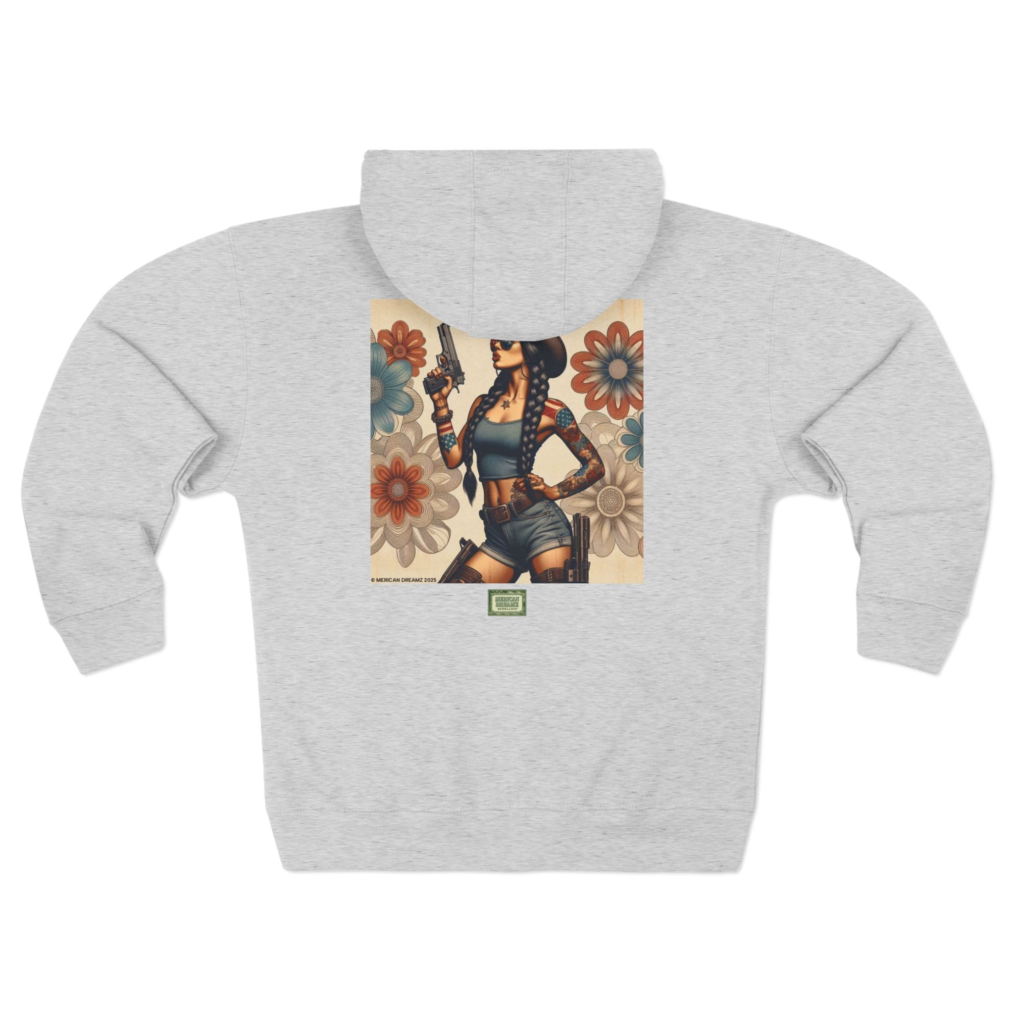 Americana Pinup Cowgirl with 9mm Zip Hoodie — Retro Vintage Patriotic Graphic