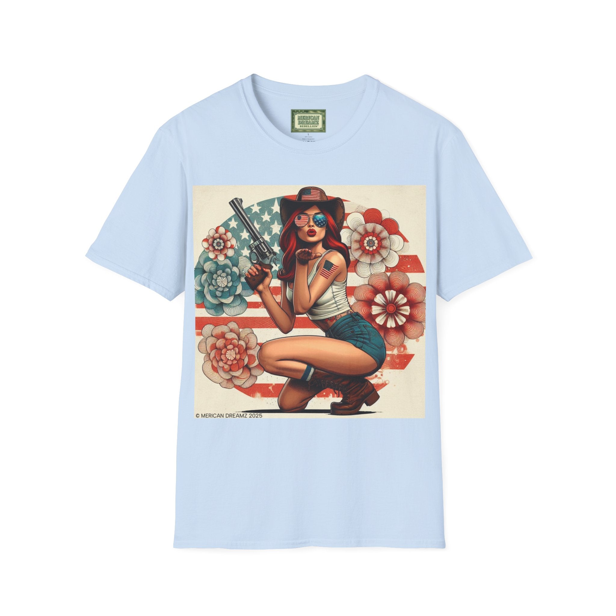 Pin-Up Americana T-Shirt — Retro Floral Gun Cowgirl Vintage Style (US Only)