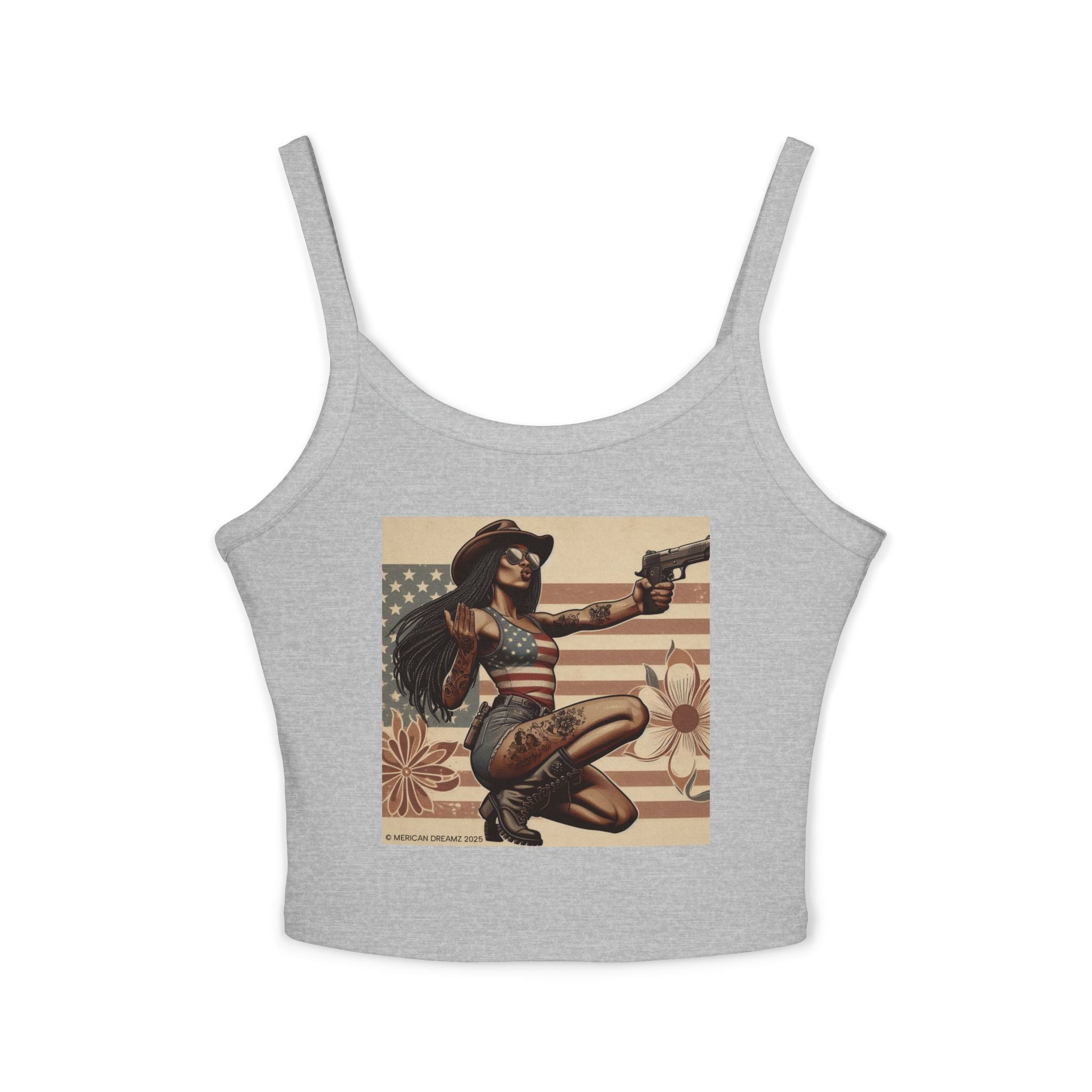 Retro Pinup Girl Tank Top — Vintage Flag & Floral Spaghetti Strap