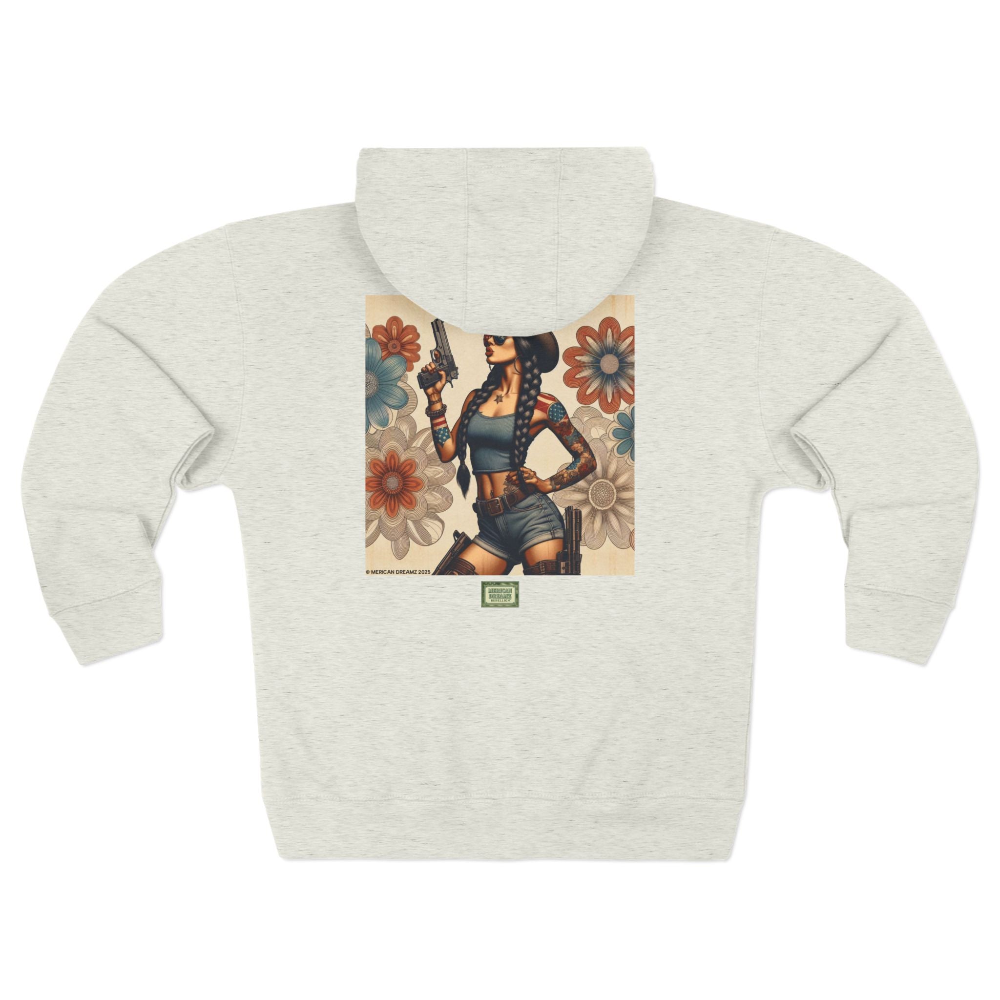Americana Pinup Cowgirl with 9mm Zip Hoodie — Retro Vintage Patriotic Graphic