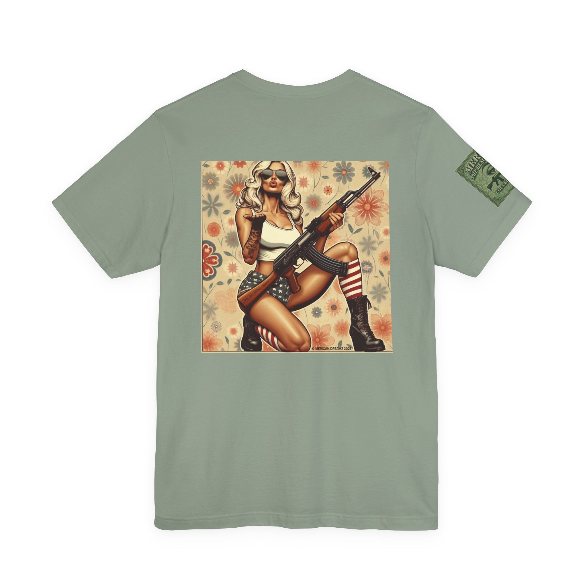Graphic Short Sleeve Tee front and back — Retro Americana Pin-Up Girls with AK-47 Rifles