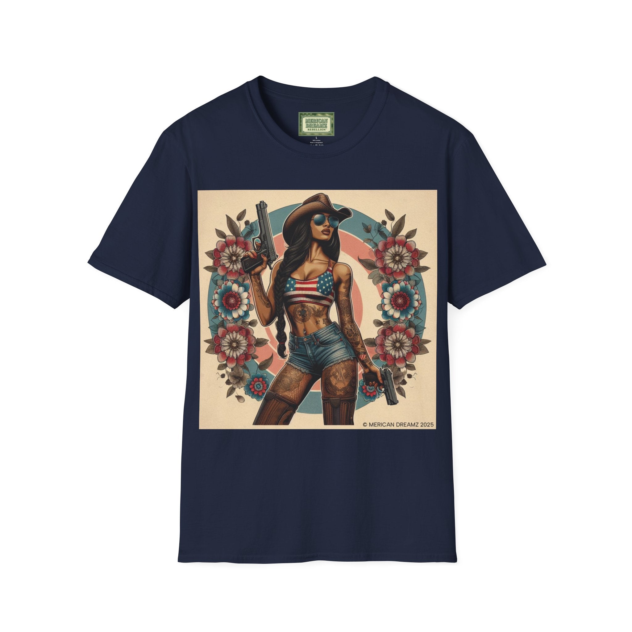 Pin-Up Americana T-Shirt — Retro Floral Gun Cowgirl Vintage Style (US Only)