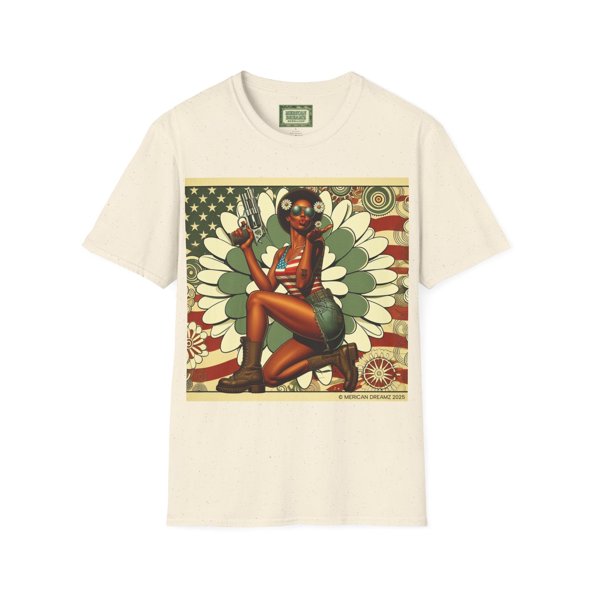 Graphic T-Shirt — Patriotic Pinup Girl with Pistol Vintage Flag Design (US Only)