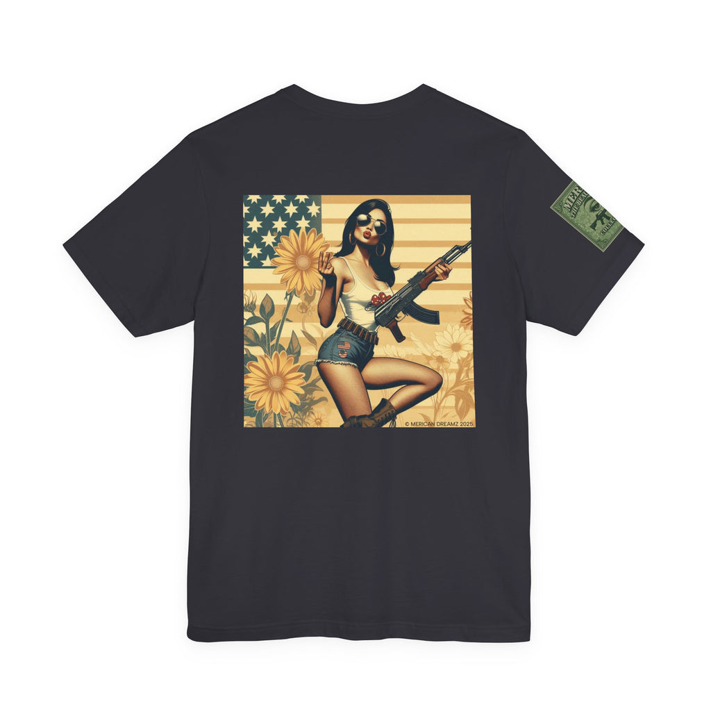 Graphic Short Sleeve Tee front and back — Retro Americana Pin-Up Girls with AK-47 Rifles