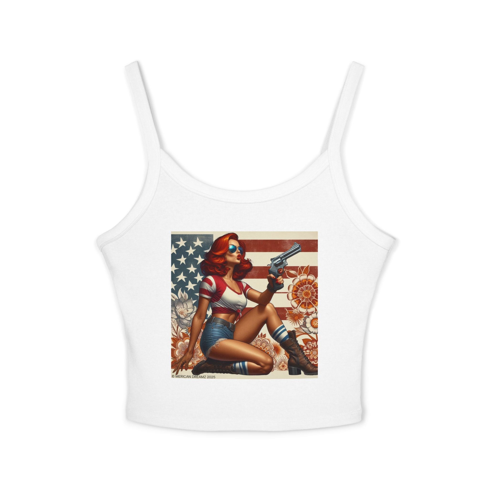 Retro Pinup Girl Tank Top — Vintage Flag & Floral Spaghetti Strap