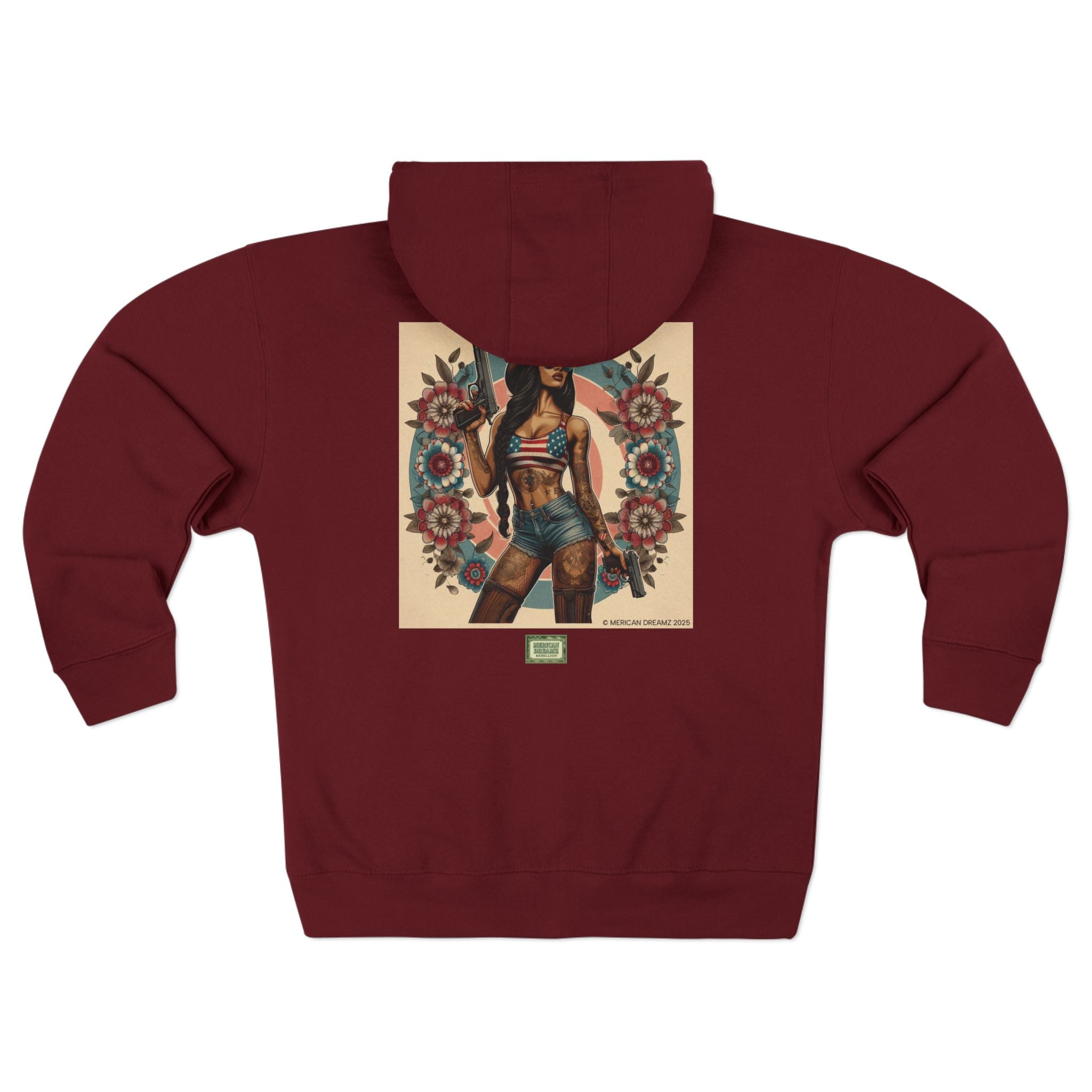 Americana Pinup Cowgirl with 9mm Zip Hoodie — Retro Vintage Patriotic Graphic