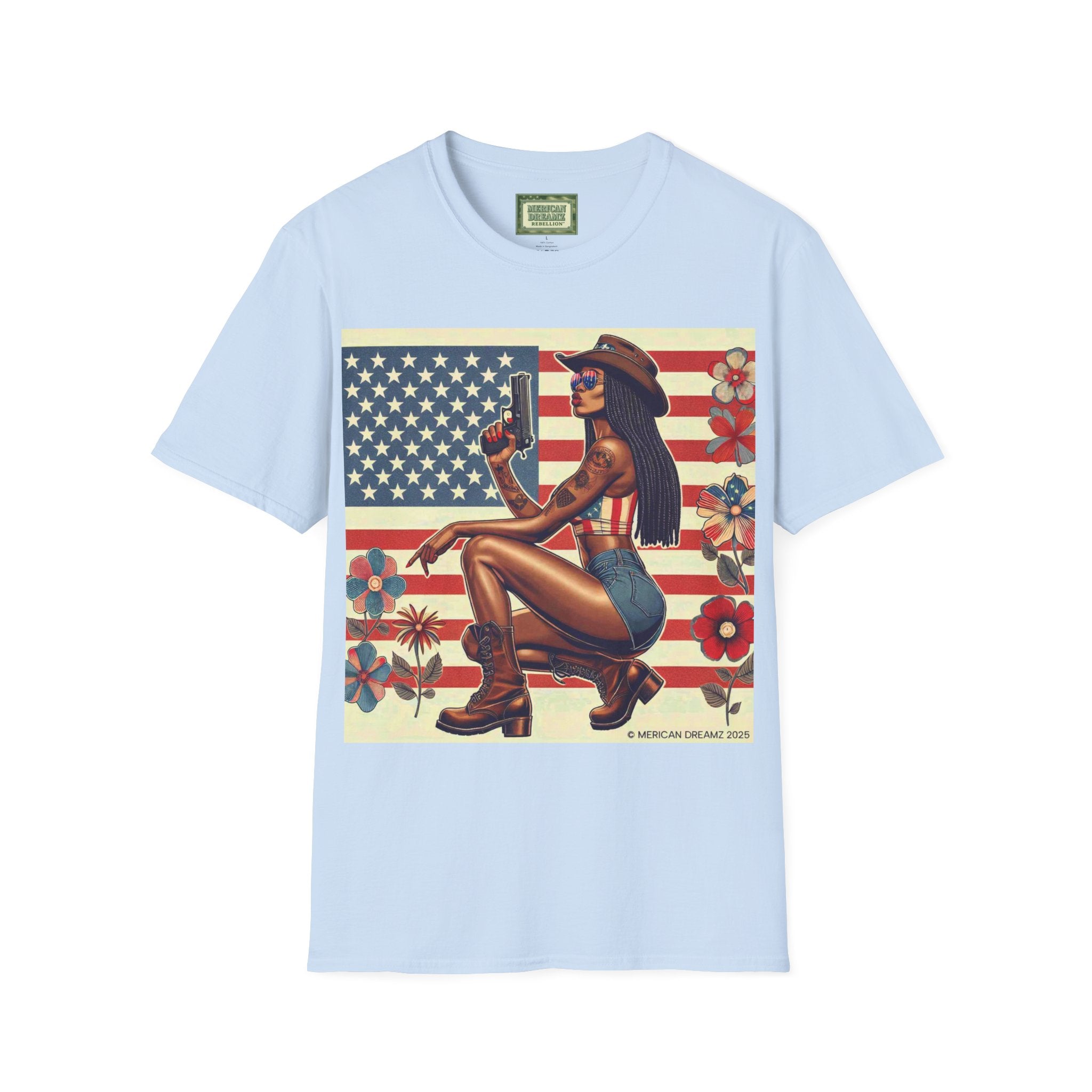 Pin-Up Americana T-Shirt — Retro Floral Gun Cowgirl Vintage Style (US Only)