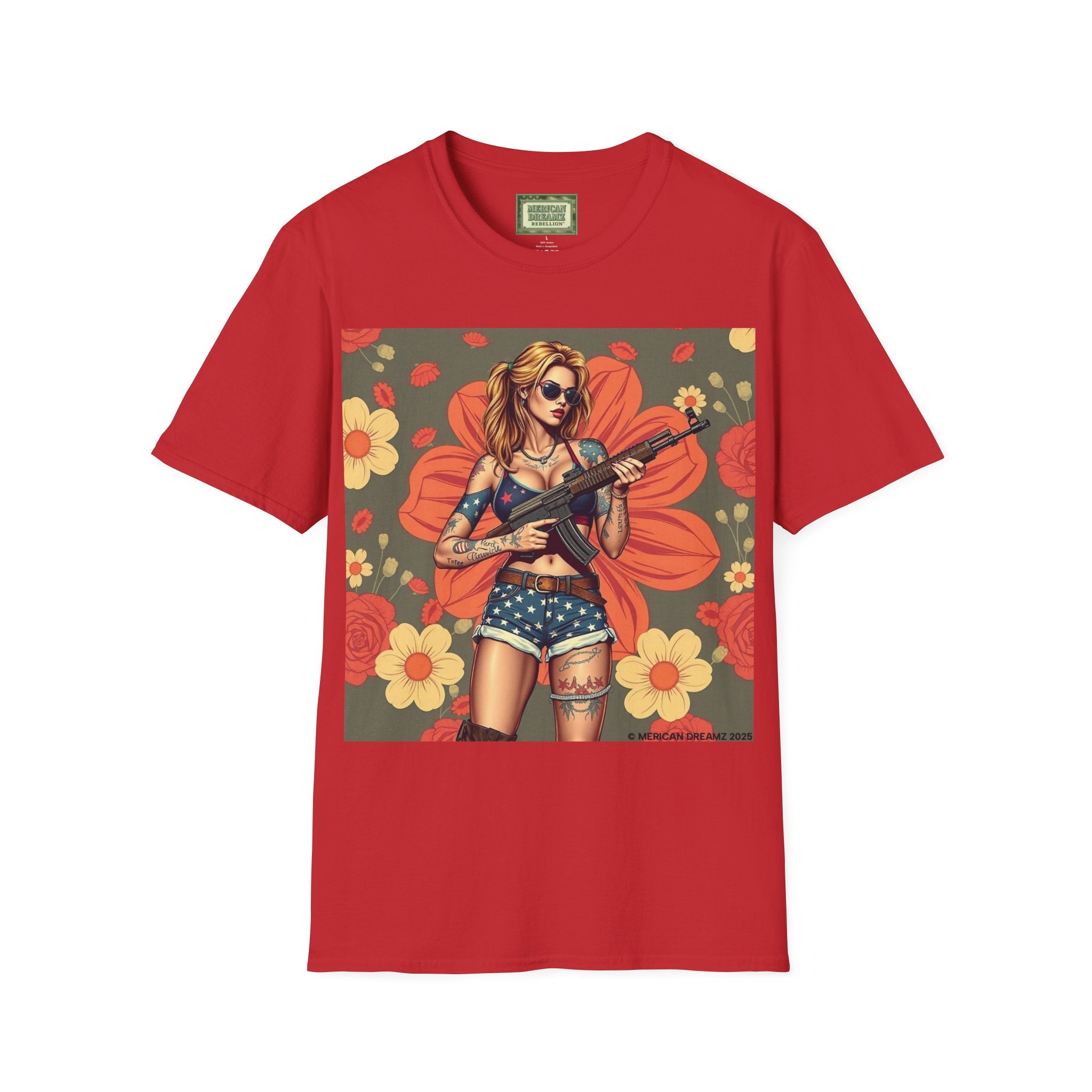 Graphic T-Shirt — Patriotic Pinup Girl with Rifle Vintage Flag Design (US Only)