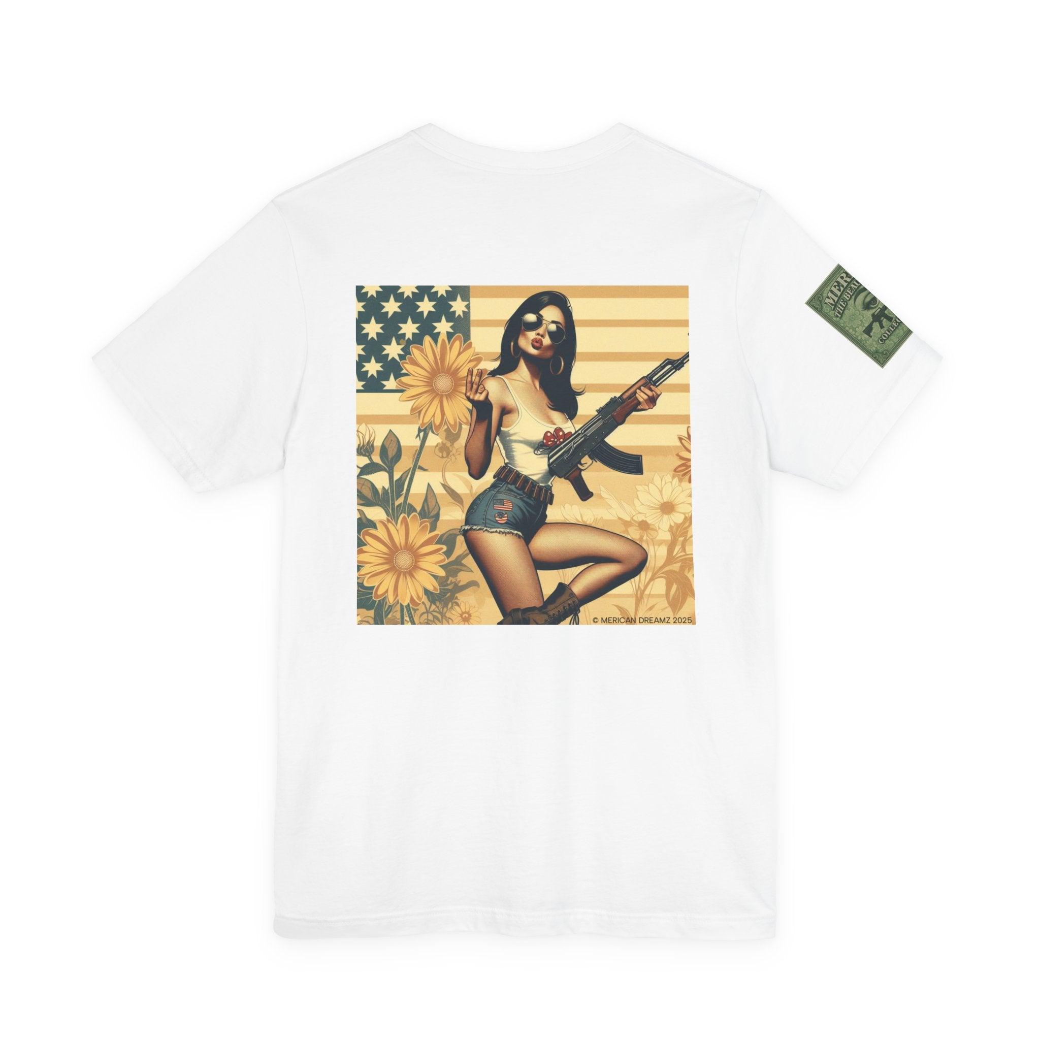 Graphic Short Sleeve Tee front and back — Retro Americana Pin-Up Girls with AK-47 Rifles