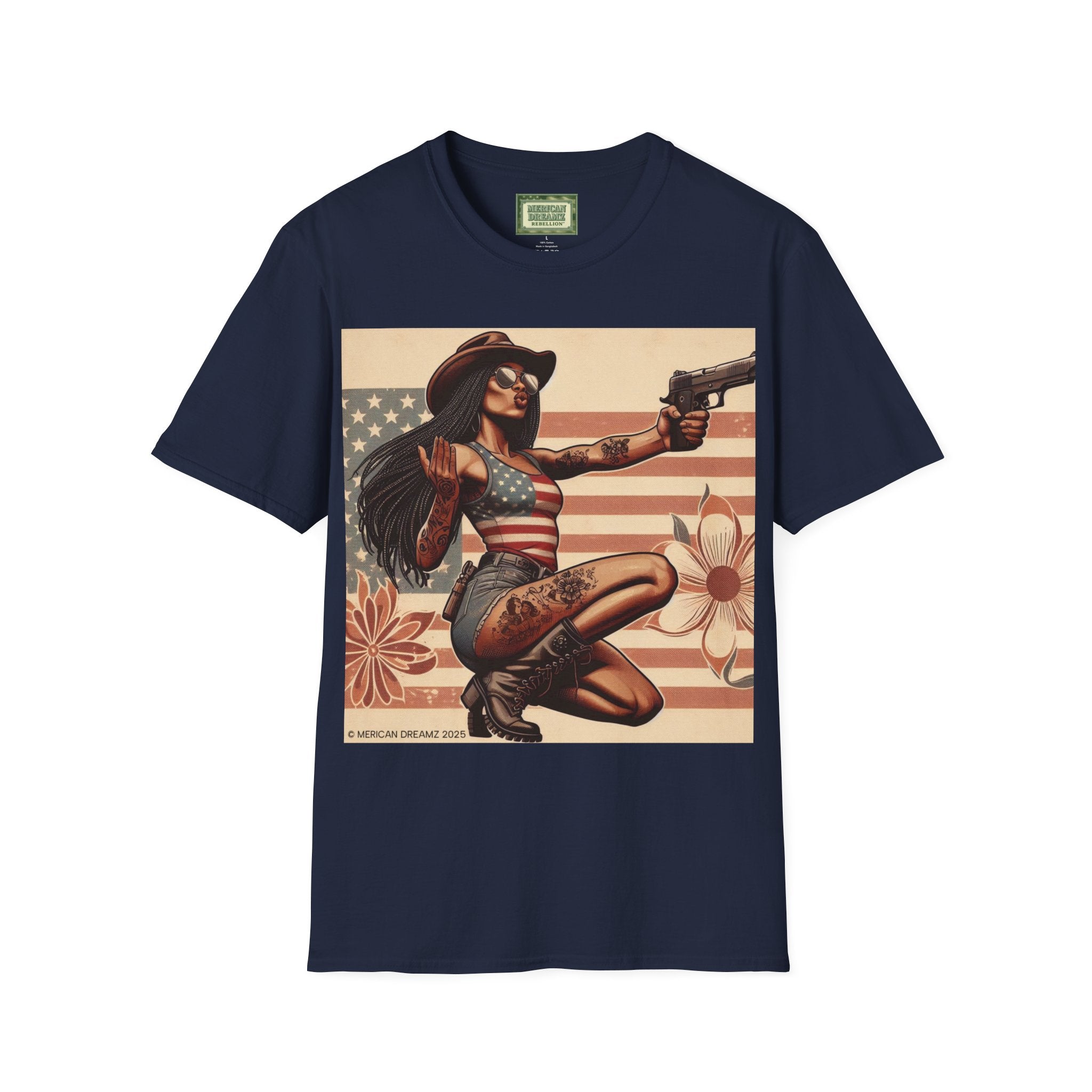 Pin-Up Americana T-Shirt — Retro Floral Gun Cowgirl Vintage Style (US Only)