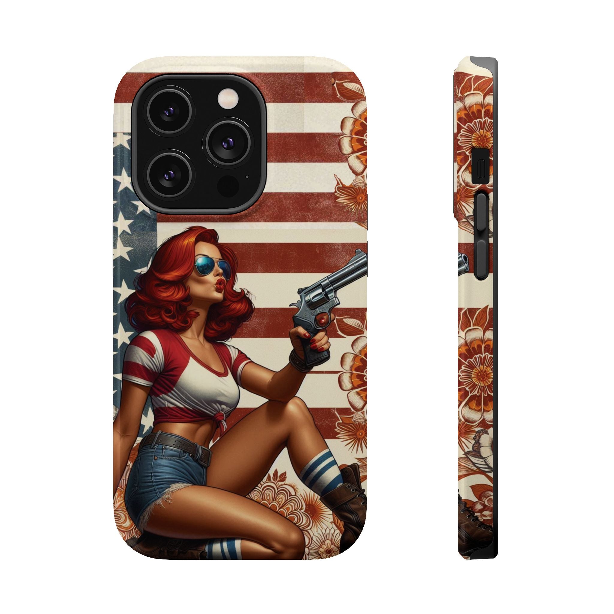 Americana .44 Magnum Pinup Girl - Magnetic Impact‑Resistant Phone Case  iPhone 13-17 / Samsung S26  MagSafe Compatible