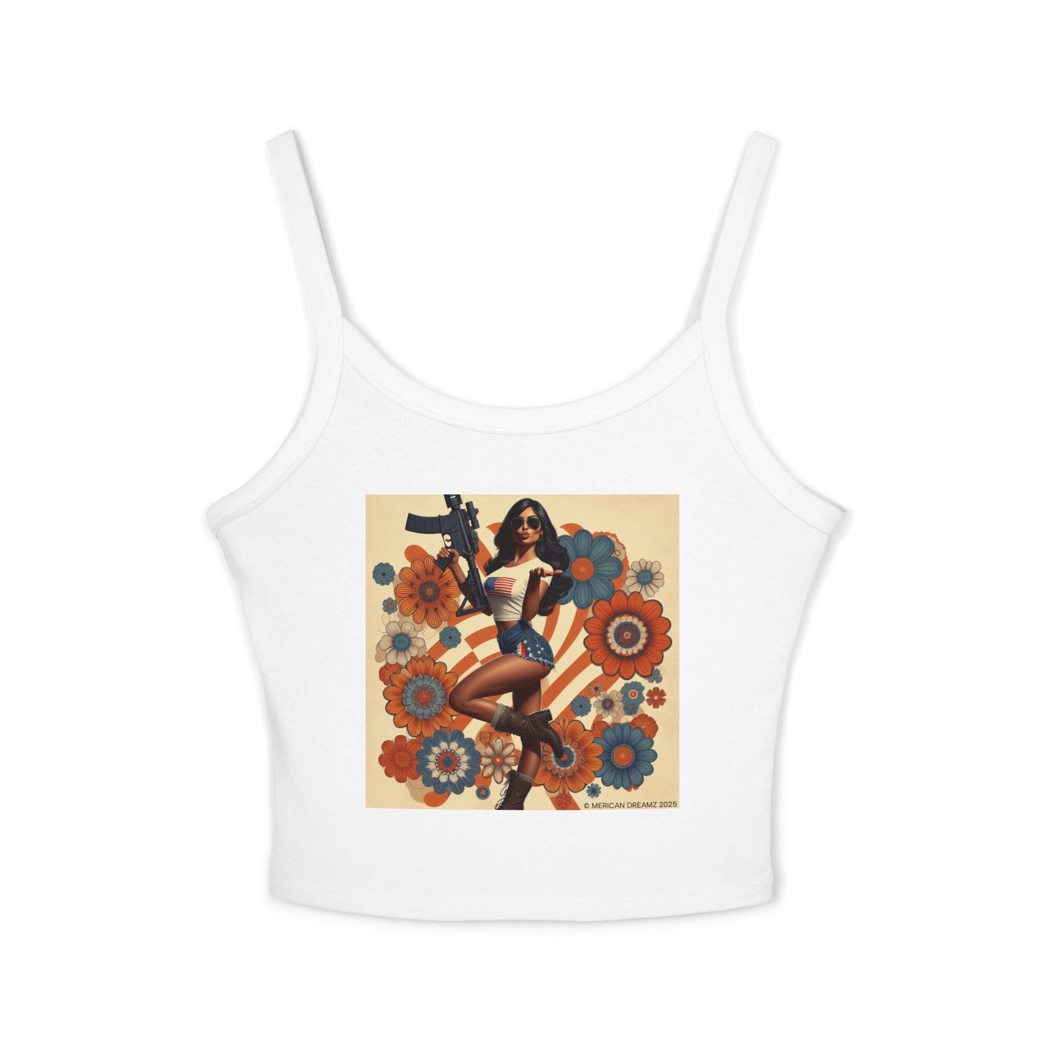 Retro Pinup Girl Tank Top — Vintage Flag & Floral Spaghetti Strap