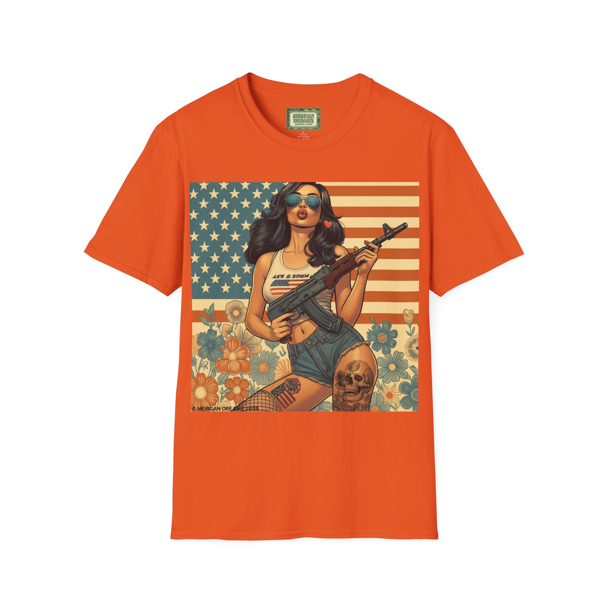 Graphic T-Shirt — Patriotic Pinup Girl with Rifle Vintage Flag Design (US Only)