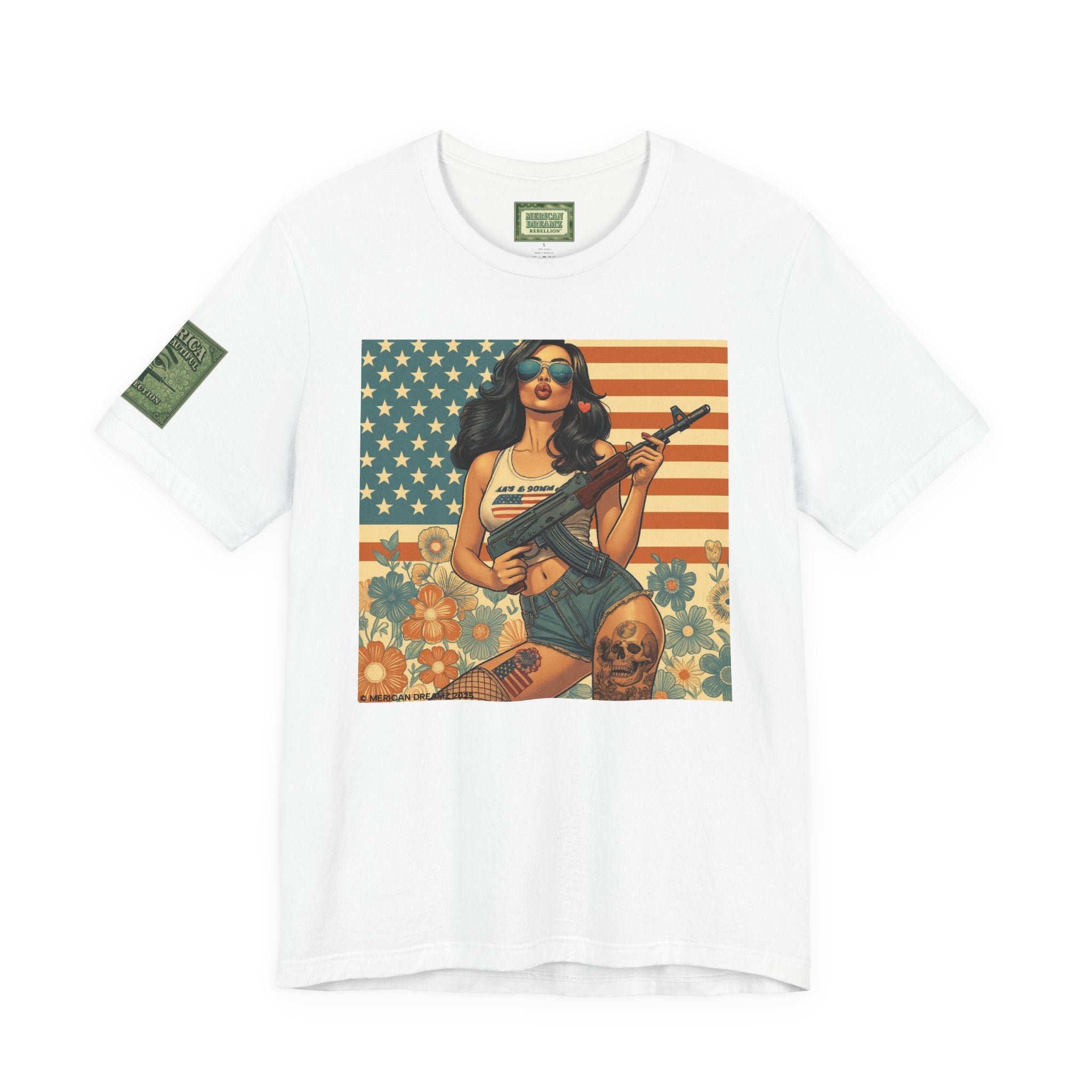 Graphic Short Sleeve Tee front and back — Retro Americana Pin-Up Girls with AK-47 Rifles
