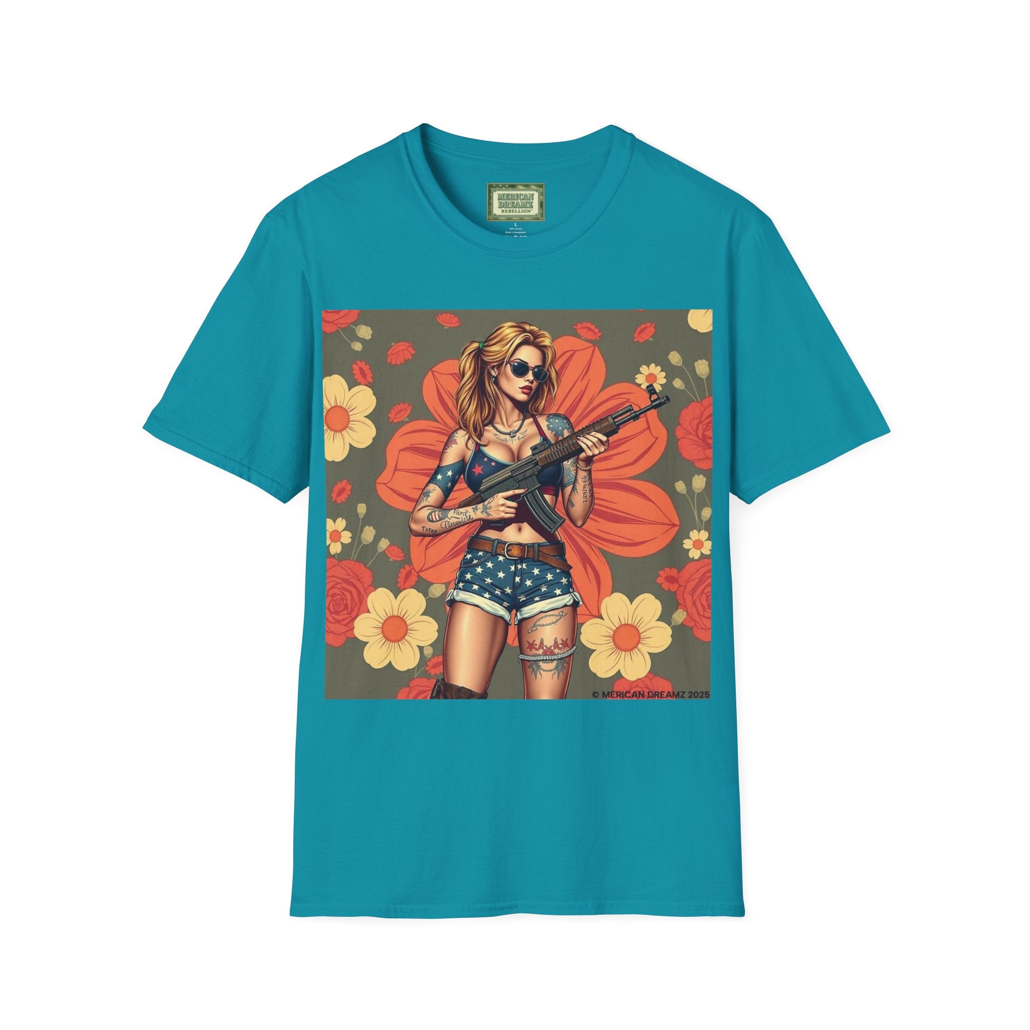 Graphic T-Shirt — Patriotic Pinup Girl with Rifle Vintage Flag Design (US Only)