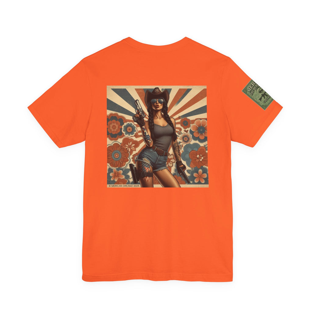 Graphic Short Sleeve Tee front and back — Retro Americana Pin-Up Cowgirls with 9mm Pistols