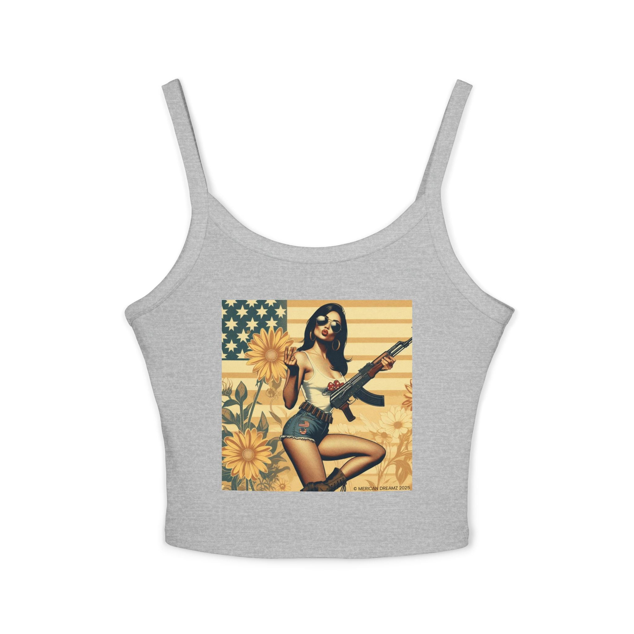 Retro Pinup Girl Tank Top — Vintage Flag & Floral Spaghetti Strap