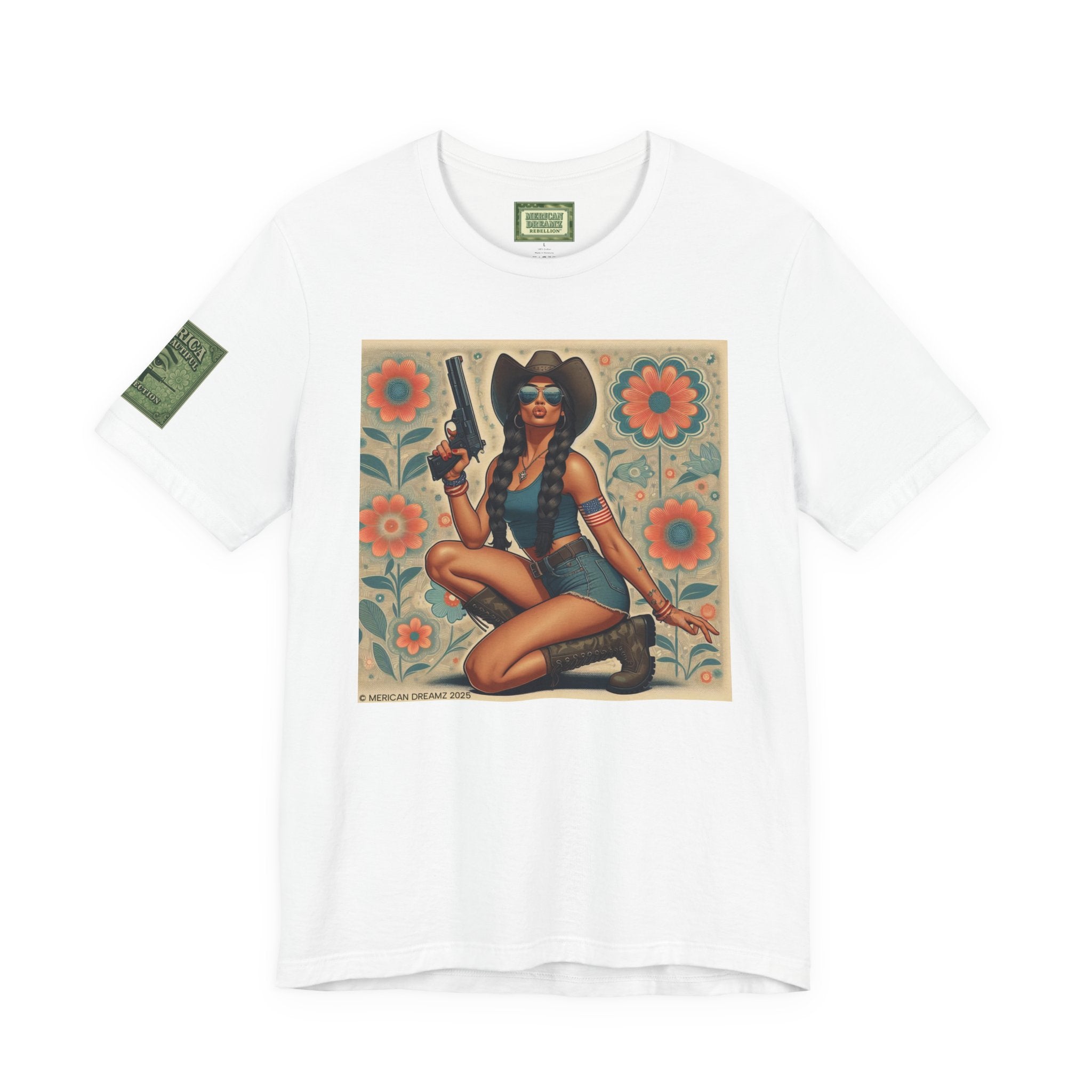 Graphic Short Sleeve Tee front and back — Retro Americana Pin-Up Cowgirls with 9mm Pistols