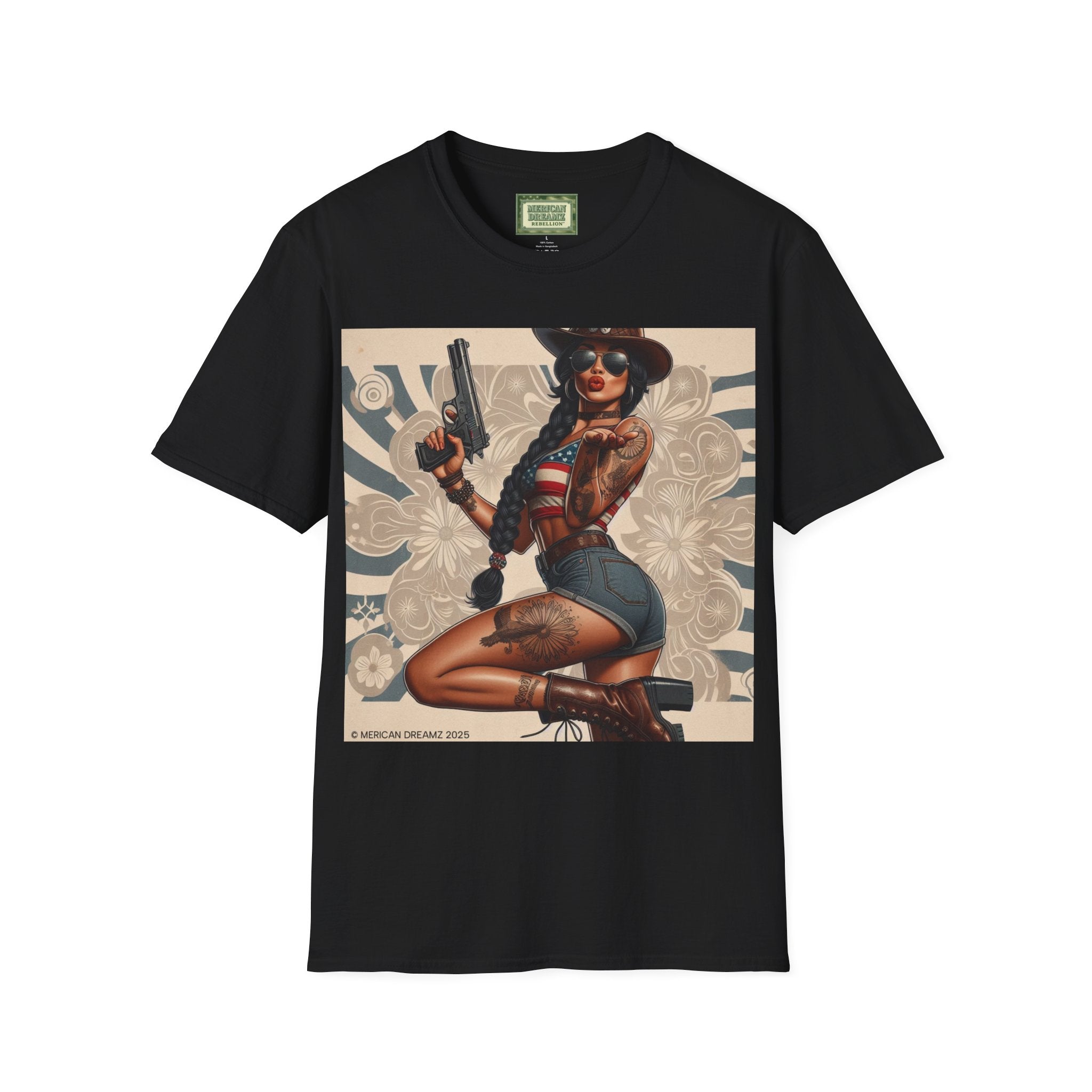 Pin-Up Americana T-Shirt — Retro Floral Gun Cowgirl Vintage Style (US Only)